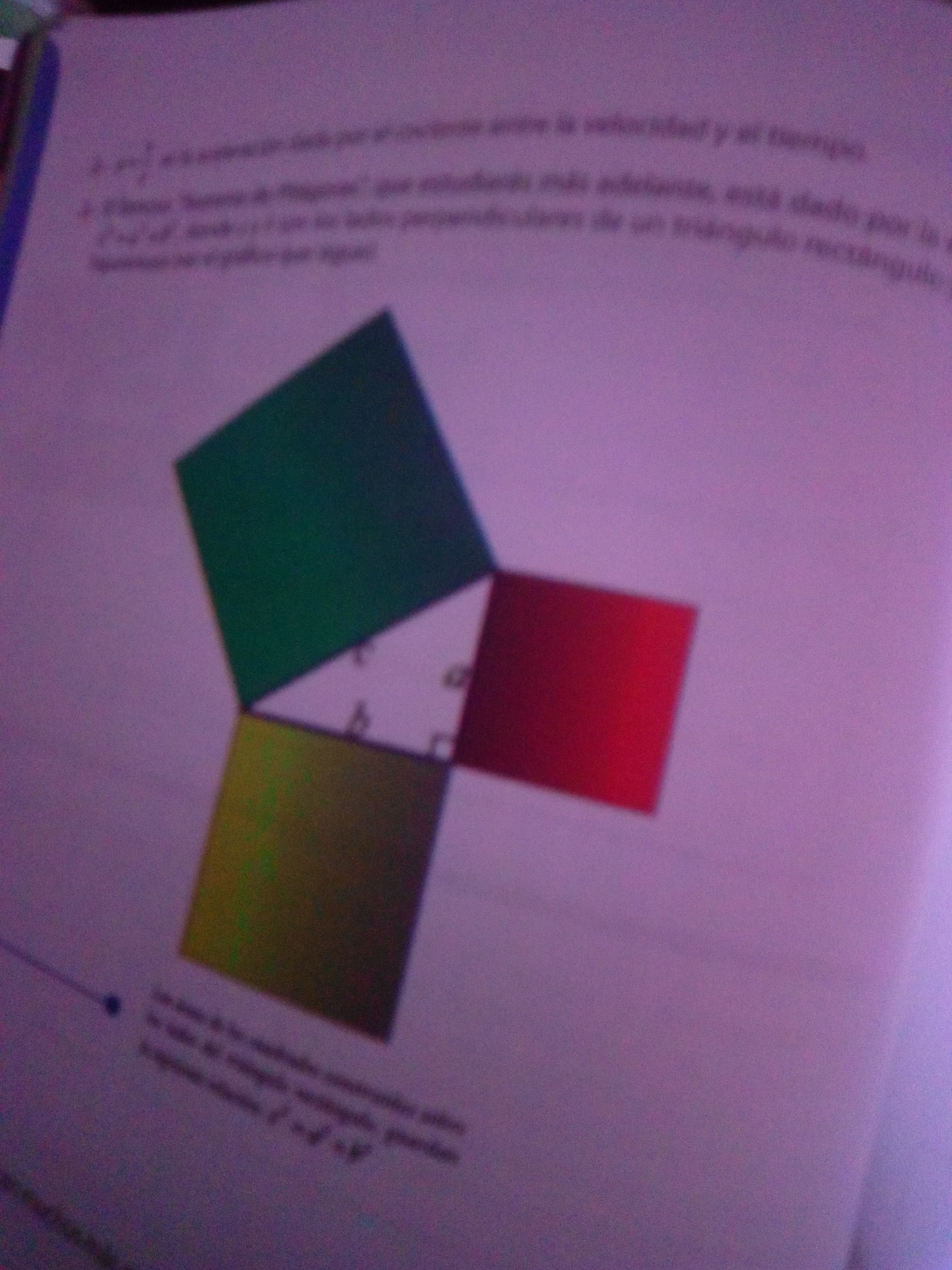The image is a top-down view of a page with text and geometric shapes. The text is out of focus and appears to be in Spanish, discussing concepts related to speed, time, and a right-angled triangle. There are three colored squares placed adjacent to each other, forming a larger shape that resembles a part of the Pythagorean theorem diagram. A green square is positioned at the top, a yellow square to the left, and a red square to the right. The squares share vertices and appear to be illustrating the relationship between the areas of squares constructed on the sides of a right-angled triangle. There is no visible indication of La Tagua, Venezuela, or any identifiable landmarks or people within the image.