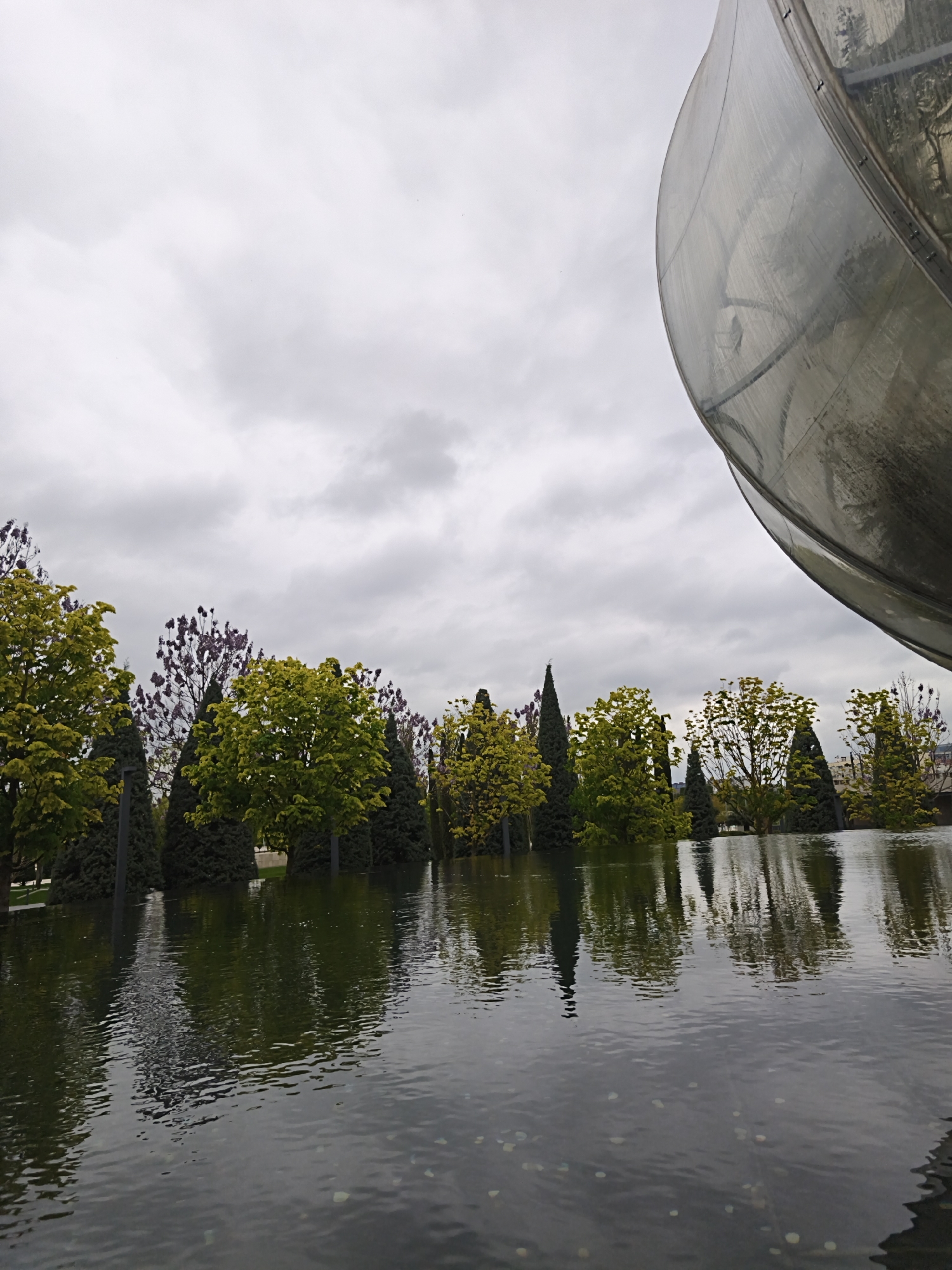 The image depicts a reflective pool with trees lining the back, their reflections visible in the water. Above the pool, a large, metallic, curved structure dominates the upper right portion of the frame. The sky is overcast. The scene is likely located in Krasnodar, Russia, as the architecture and foliage are consistent with that region. The pool's surface shows minor ripples and some visible coins or small objects at the bottom.
