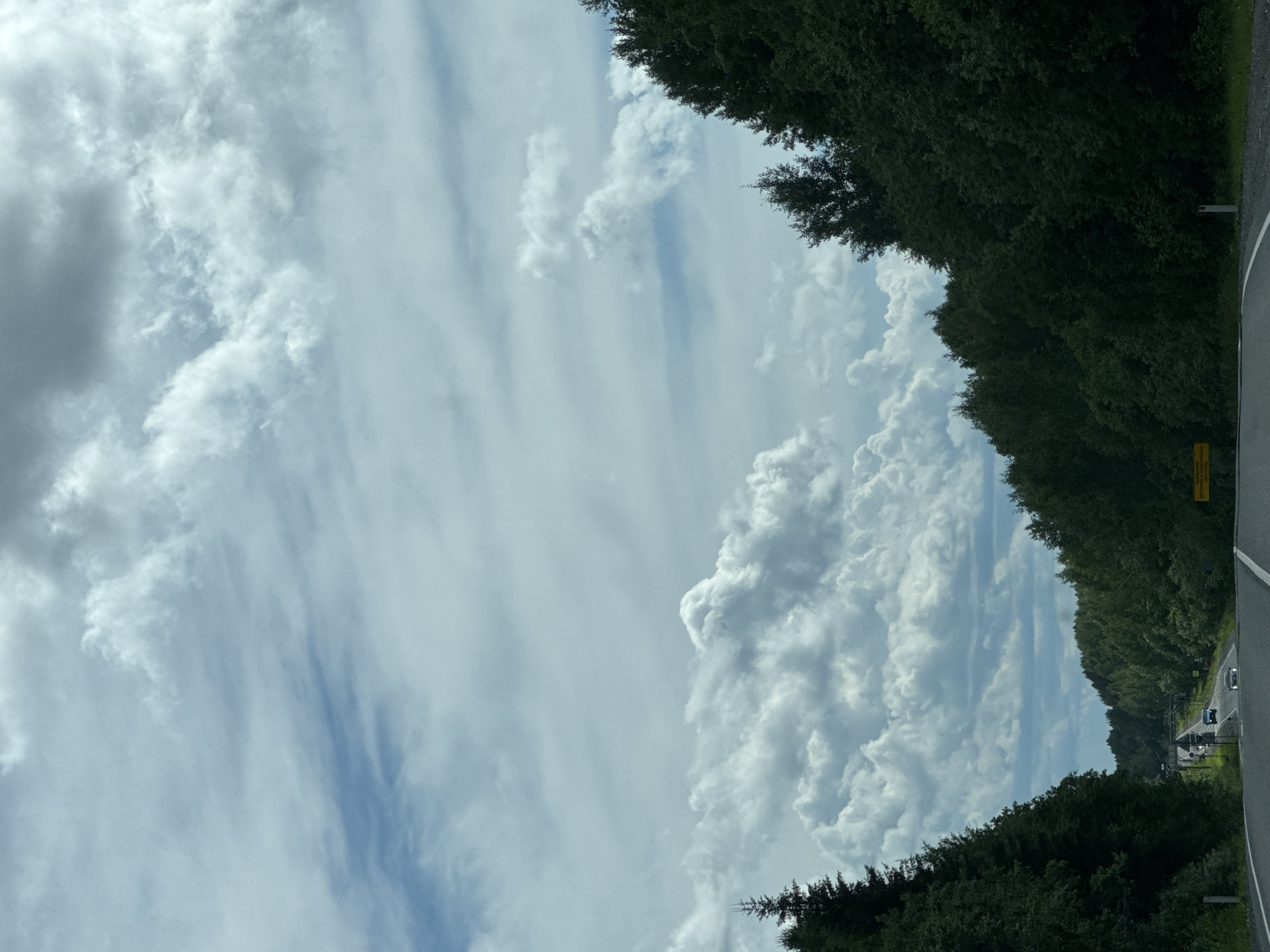 The image depicts a view from a vehicle traveling on a highway. On either side of the road are dense forests of green trees. The sky above is filled with a dramatic display of white and gray clouds, with patches of blue sky visible. A few cars are visible on the highway ahead, and a yellow road sign is present on the right side of the road. The scene appears to be a rural or semi-rural area, possibly within or near the city of Romanovo, Russia, given the context provided. The overall impression is that of a journey through a natural landscape under a dynamic sky.