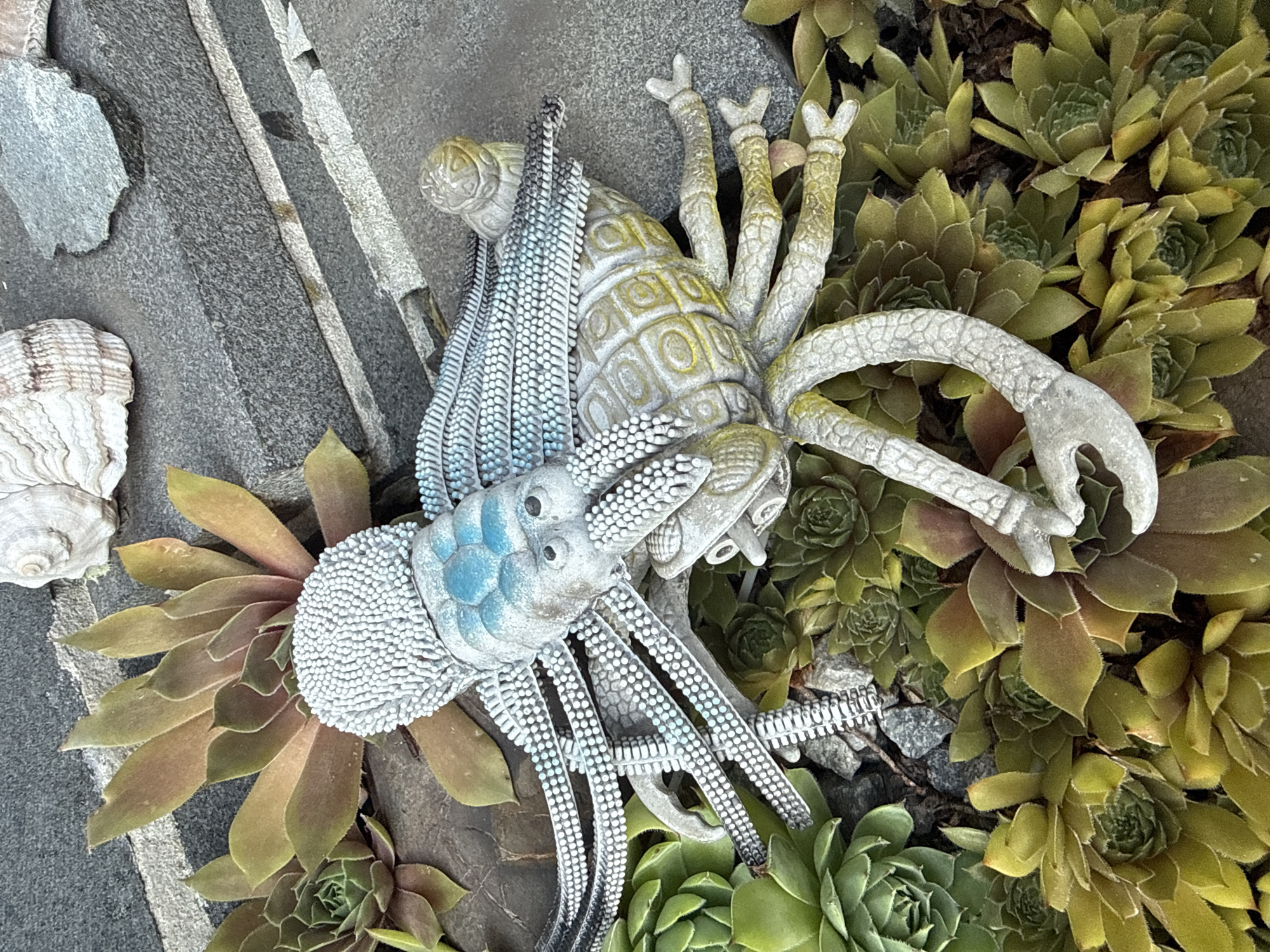 The image shows a statue of a mythical creature, possibly a crab-like insect with tentacles, resting on a bed of succulents and grey stone. The statue is detailed with a textured surface and painted in muted colors of white, blue, and yellow-green. The background consists of stacked grey stone blocks and a seashell. The scene appears to be an outdoor garden or decorative display. There is no indication of the city of Okhtyrka, Ukraine.