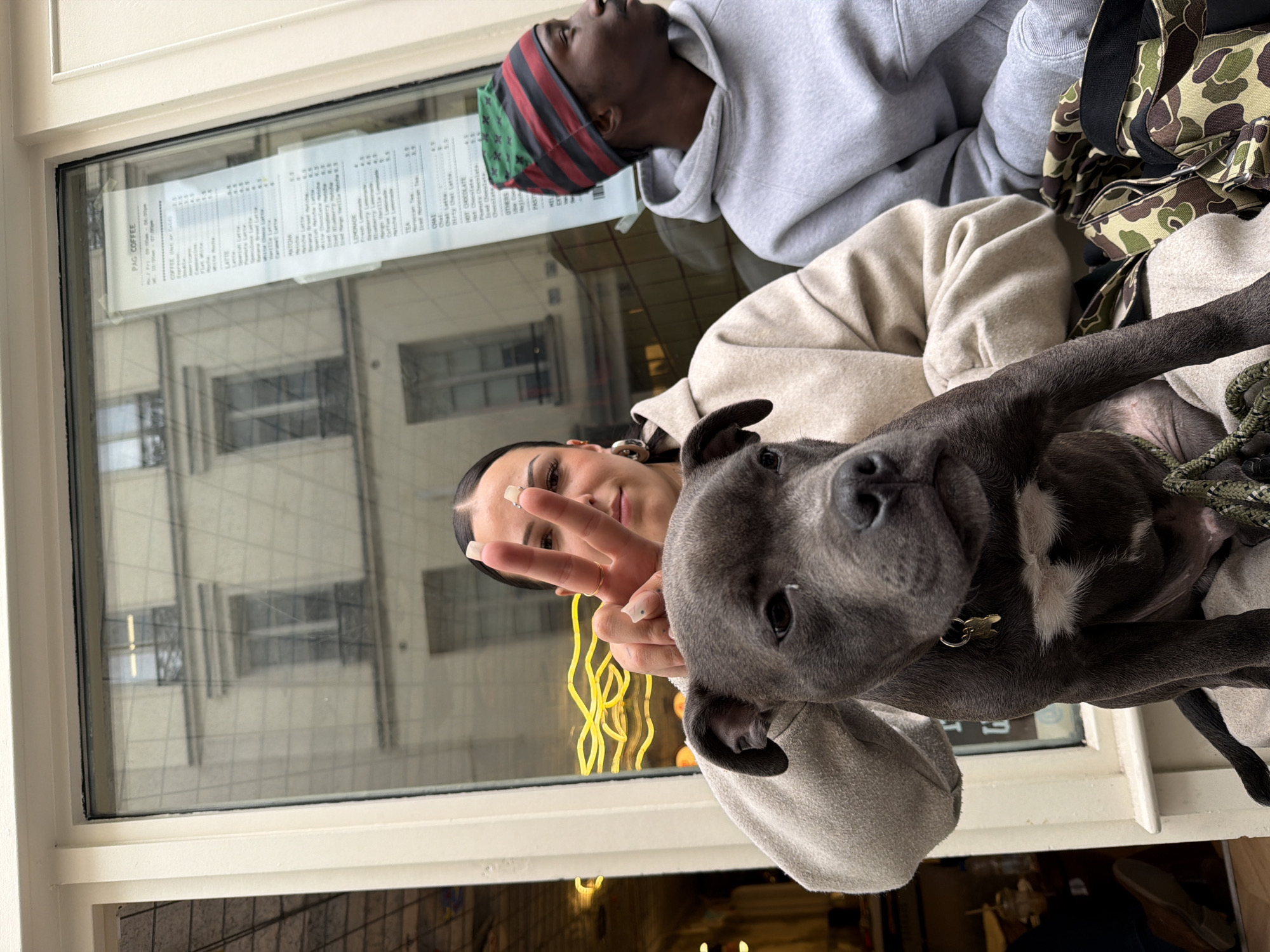 A medium shot depicts a woman, a dog, and a man in front of a window with a view of a Parisian street. The woman, positioned centrally, holds her hand up in a peace sign. A gray dog, with a small collar, is held in her lap. A man, wearing a multi-colored beanie, is seated above and behind her. The window, framed in white, reflects a Parisian street scene. A cafe menu, labeled "PAG COFFEE," is affixed to the window. Below the window, a glimpse of a building interior and an individual's lower body is visible.