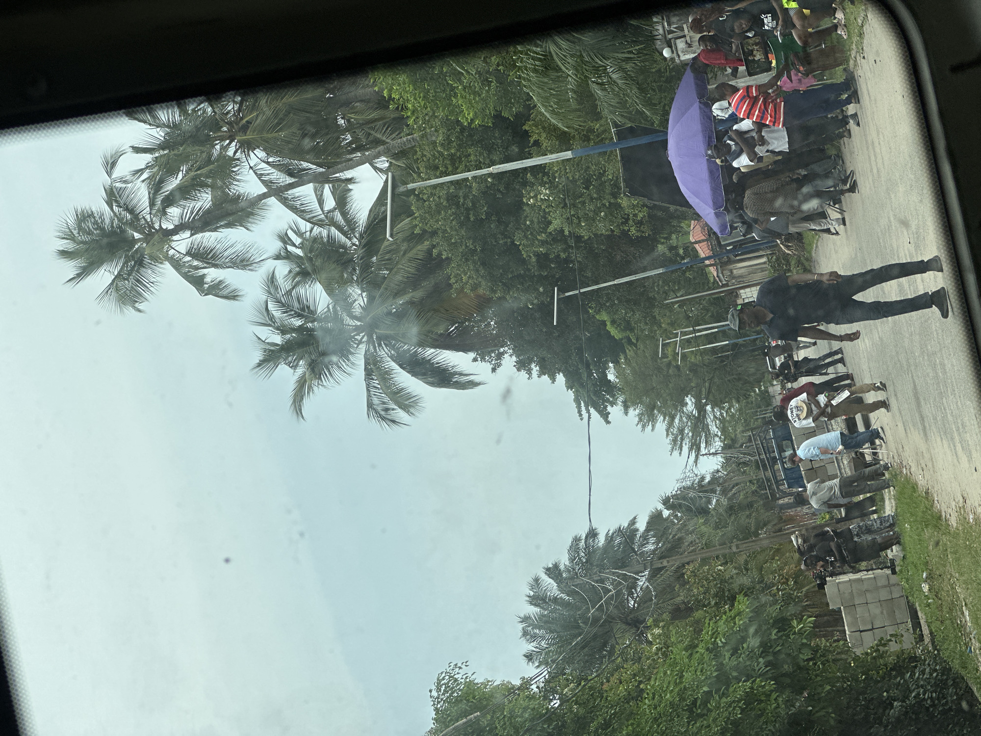 The image shows a street scene in Lagos, Nigeria, viewed through a vehicle's windshield. Palm trees line the left side of the road. A group of people is gathered on the right side of the road. Some are standing under a large purple umbrella. One man walks along the shoulder of the road. Concrete blocks are visible along the right edge of the road. Trees and greenery fill the background. The sky is overcast.