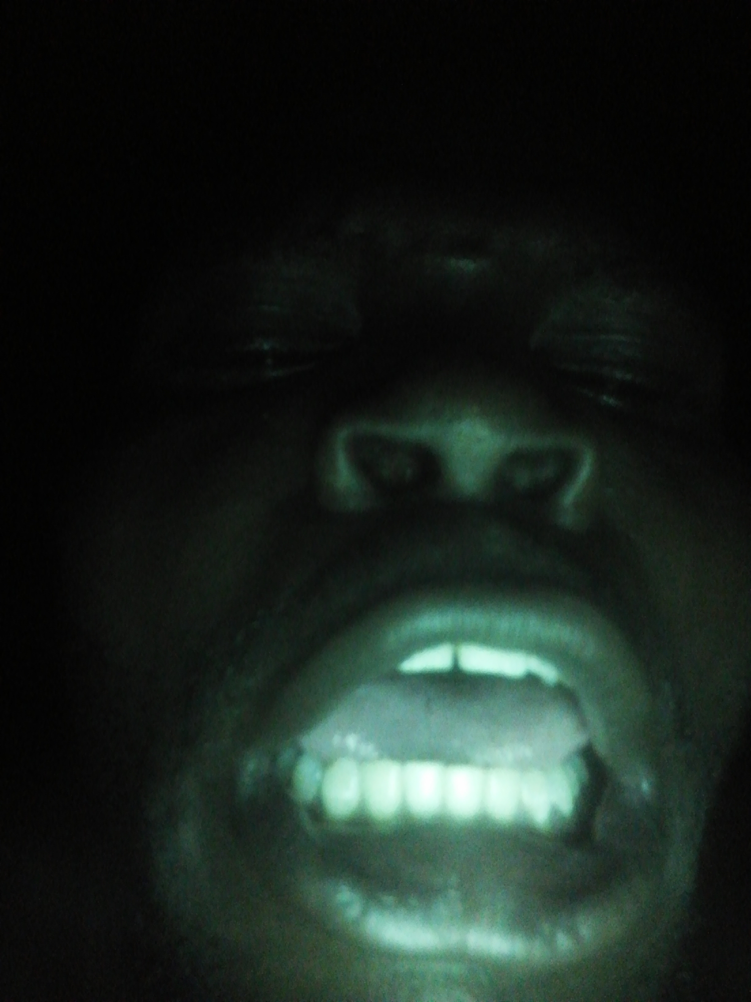 The image shows a close-up, low-angle view of a person's face in very low light. The person's mouth is open, revealing their tongue and teeth. The teeth appear somewhat illuminated, possibly by a source reflecting off their surface. The person's eyes are closed or nearly closed. The background is dark and indistinct. The location is Unknown, Unknown.