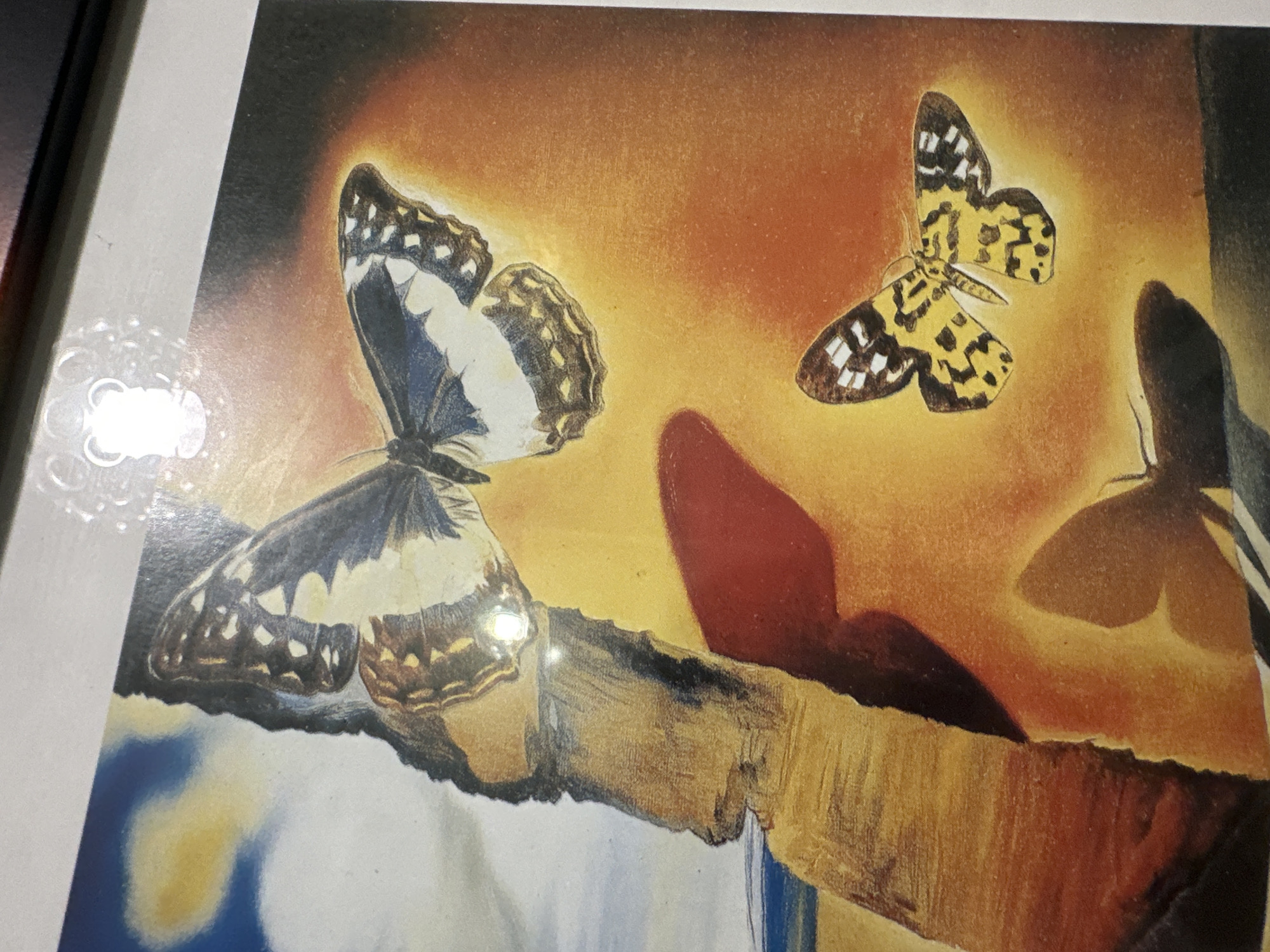 The image depicts a framed artwork with a surrealist style. The artwork features several butterflies and a rocky, abstract landscape. One large butterfly with black, white, and blue markings is prominently displayed in the upper portion. Below it, a smaller, brightly colored butterfly with yellow and black patterns hovers against an orange, glowing background. In the lower part of the artwork, the shadow of another butterfly is visible. The landscape element on the left is rendered in shades of brown and red, with a suggestion of a sky and water in the background. There is no indication of the city of Minsk, Belarus, or any specific location within it. The scene is static and appears to be a painting or print.