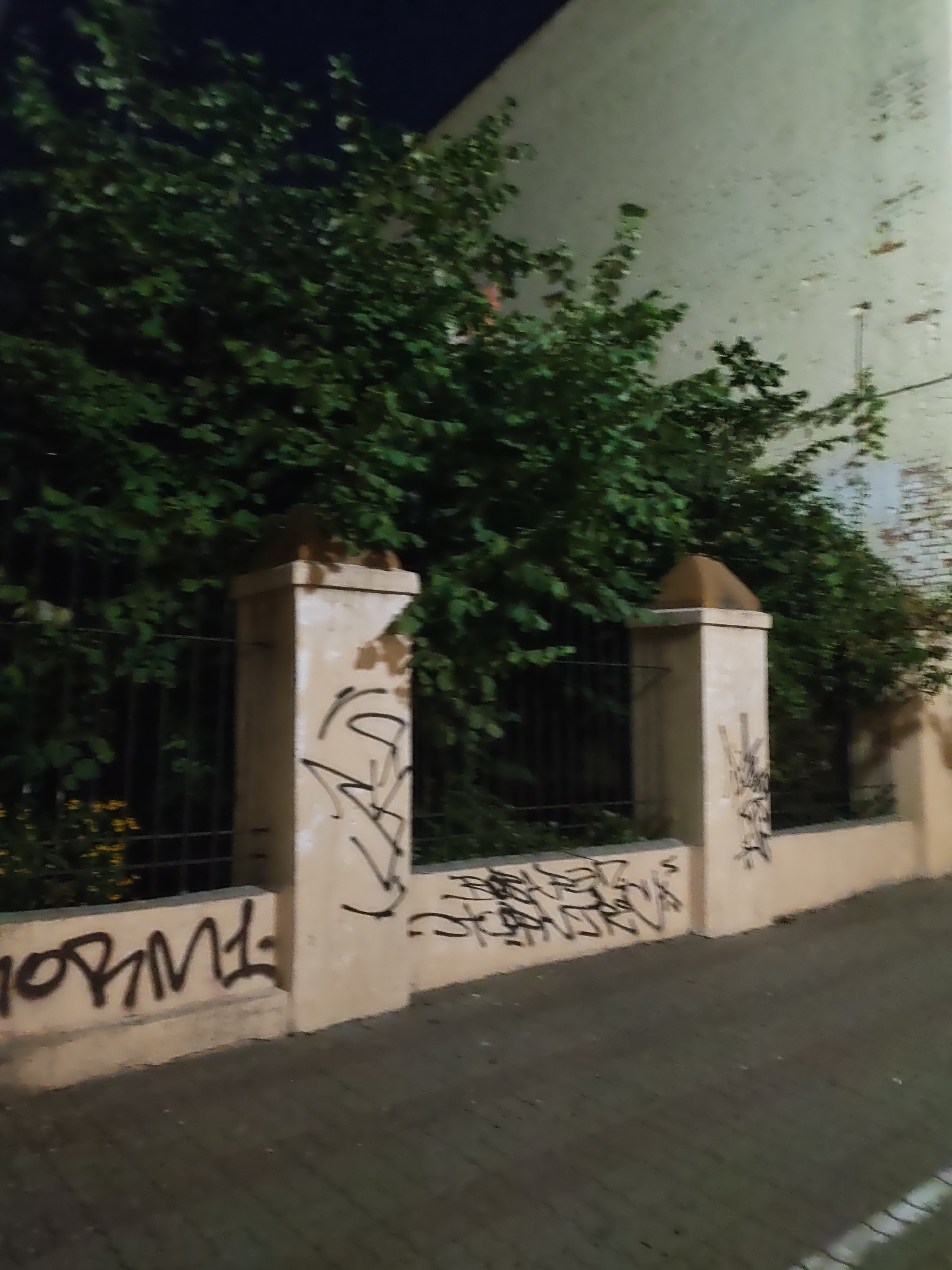 The image depicts a nighttime scene in Rostov-on-Don, Russia, focusing on a concrete wall adorned with graffiti. The wall, painted a light beige color, is broken by two square pillars, also beige, topped with dark caps. One pillar is on the left side of the frame, and the other is further to the right. Both pillars and the wall itself are covered in black graffiti tags, with some appearing more elaborate than others. Behind the wall, a dense green hedge obscures a black metal fence. To the right of the pillars, a weathered brick building, likely part of the urban environment, is partially visible against a dark sky. The ground in front of the wall is paved with grey rectangular stones. There are no people visible in the image.