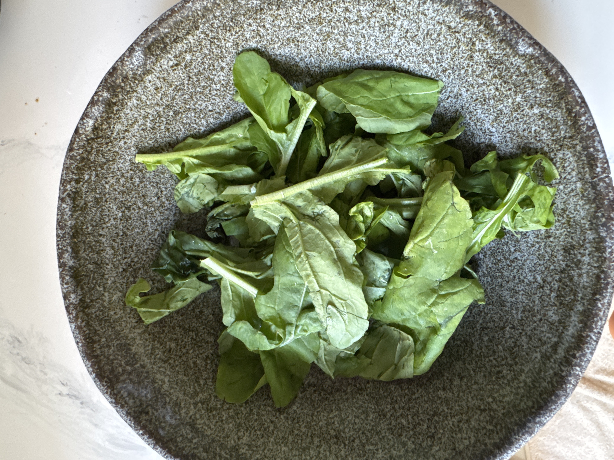 A close-up, overhead shot depicts a serving of green leafy vegetables in a speckled grey bowl, likely stoneware or earthenware. The leaves appear to be spinach or arugula, with visible stems and variations in leaf shape and texture. The bowl rests on a white surface, likely a tabletop or countertop. The location, Kuta Selatan, Indonesia, is extraneous to the visual information present in the image. No people, actions, or interactions are evident. The environment is limited to the immediate surroundings of the bowl.