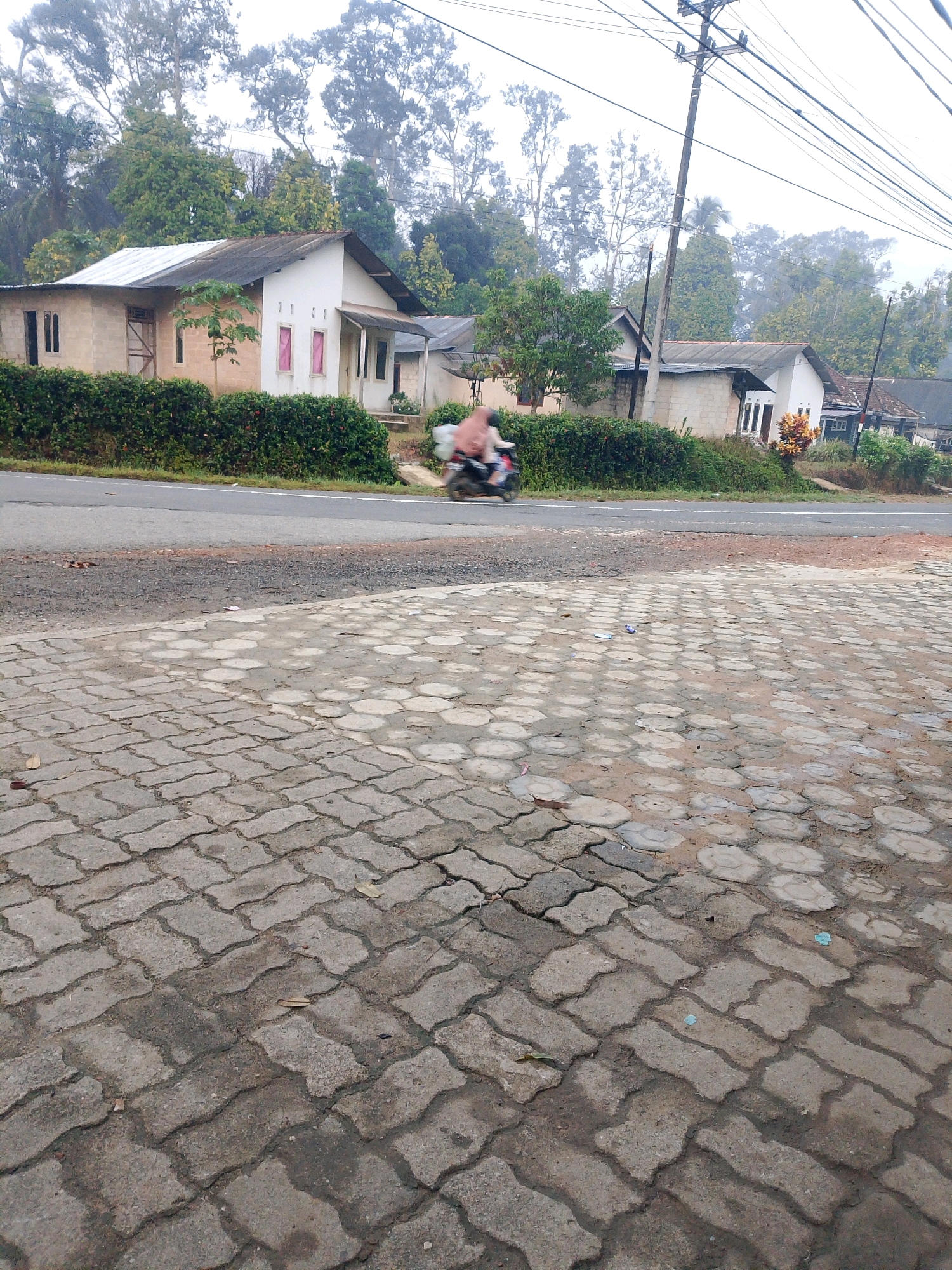 The image depicts a rural roadside scene in Ranggi/Asam, Indonesia, likely on a misty or overcast day, given the soft lighting and slightly hazy background. In the mid-ground, a paved road runs horizontally across the frame, bordered by a dense, green hedge on the left. Beyond the hedge, a cluster of houses with predominantly beige and white facades is visible. One house has pink-trimmed windows and a dark roof, while another adjacent structure appears to be a single-story residence with a light-colored exterior and a dark roof. In the background, a dense line of trees rises up a hillside, their foliage appearing somewhat muted by the atmospheric conditions. On the right side of the road, a utility pole with multiple wires stands tall, suggesting the presence of electricity infrastructure. In the foreground, a textured paved area made of interlocking concrete blocks stretches towards the viewer, showing signs of wear and some damp patches. A person is seen riding a motorcycle, blurred due to motion, moving from left to right along the road. The overall impression is one of a quiet, residential area on the outskirts of a town or village.