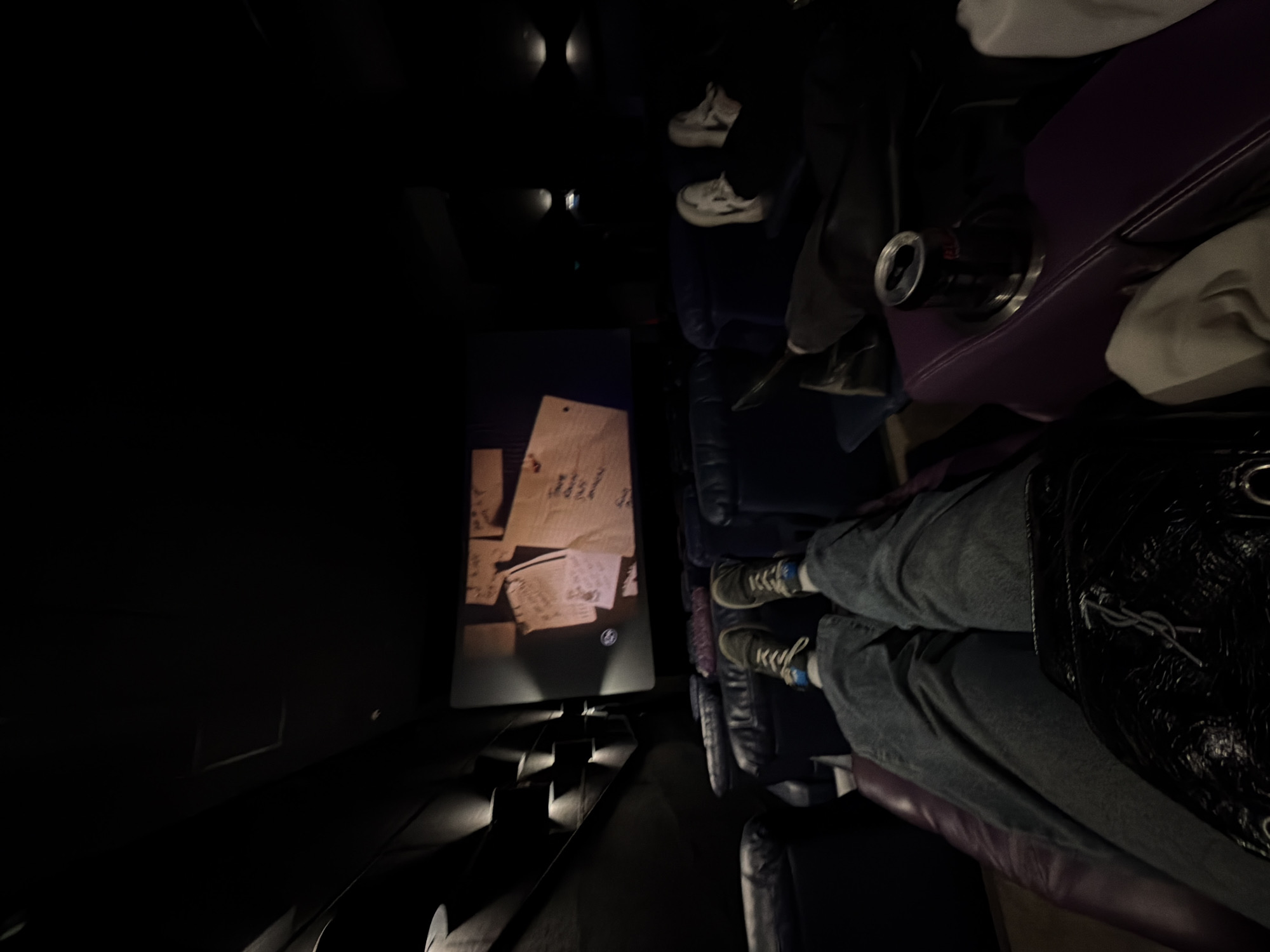 The image shows the interior of a train cabin, likely a sleeping compartment on a long-distance train in Russia. The scene is dimly lit. A seated passenger is visible, wearing denim jeans and green athletic shoes with blue accents. A black purse or bag is draped over their legs. Across the aisle is a built-in entertainment screen, displaying what appears to be handwritten notes or documents. The cabin's interior walls are dark. The location is not discernible solely from the visual elements within the image. Therefore, the city of Penza, Russia, cannot be confirmed as the location.