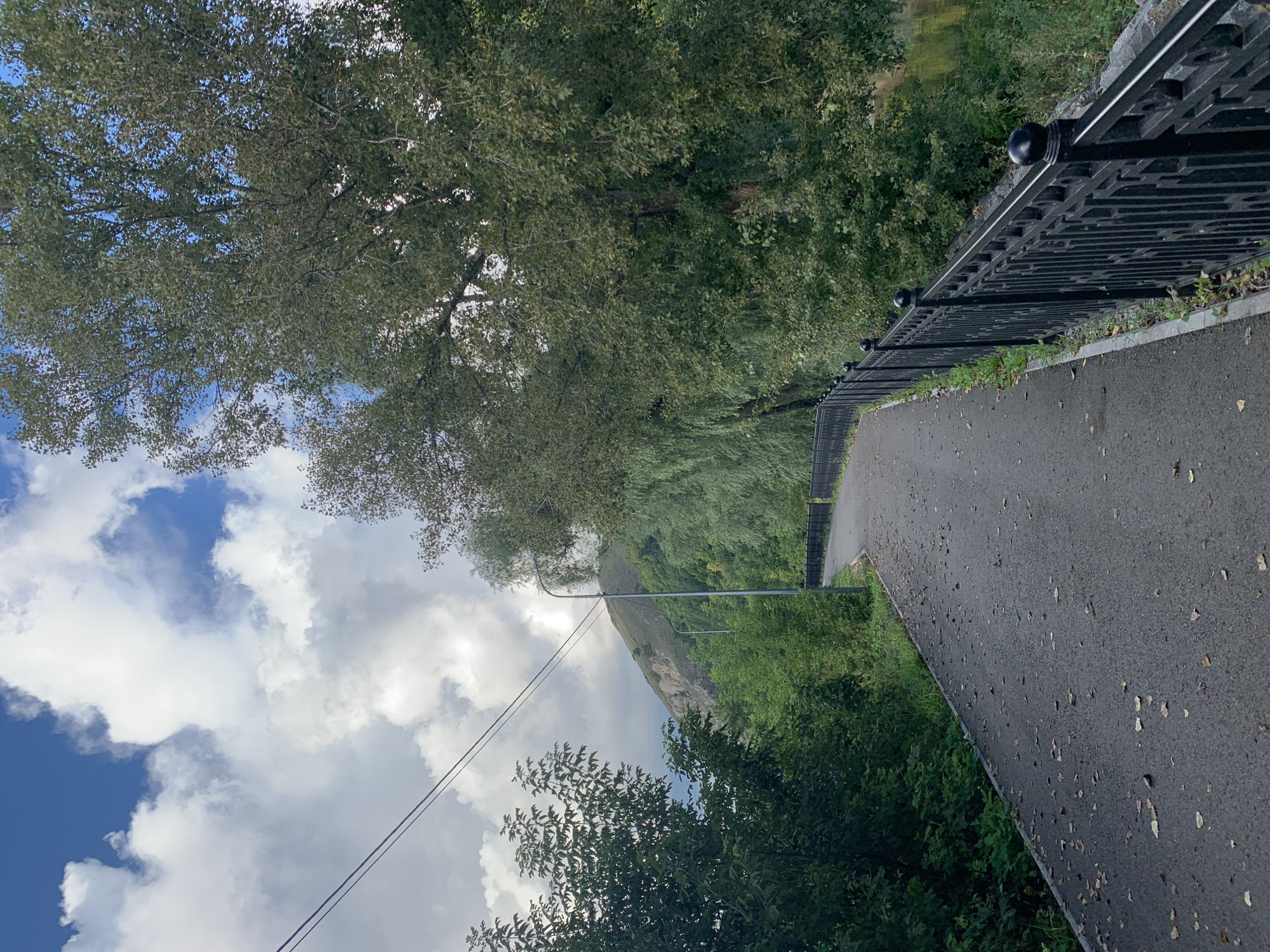 The image depicts a paved walkway curving through a park-like setting, bordered on the right by a black ornamental metal fence and lush green trees. In the background, a large, steep hill with sparse vegetation is visible under a partly cloudy blue sky. Power lines stretch across the upper left of the frame. The walkway is scattered with fallen leaves, suggesting it is autumn. The scene appears to be a public pathway, possibly in a city park or along a river. Based on the visual cues, this location is identified as being in Asha, Russia.