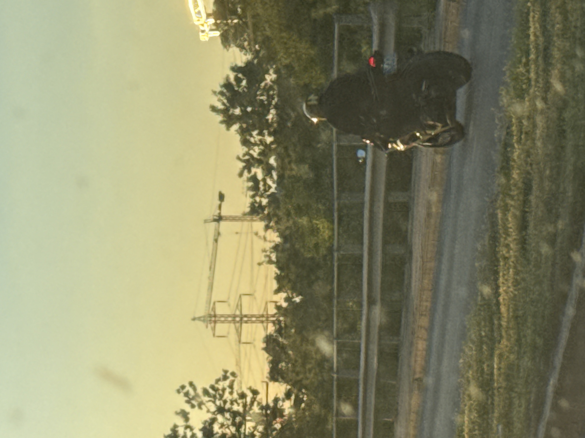 The image shows a scene from a vehicle's perspective. A motorcycle is moving along a road with metal barriers on the right. Trees and vegetation are visible on the other side of the barriers. In the distance, an electricity transmission tower is visible against a light-colored sky. The time of day appears to be late afternoon or early evening due to the soft lighting. The exact location cannot be determined without further information, but it is unlikely to be in Sofia, Bulgaria, because of the road and tower. There is no indication of the city in the picture.