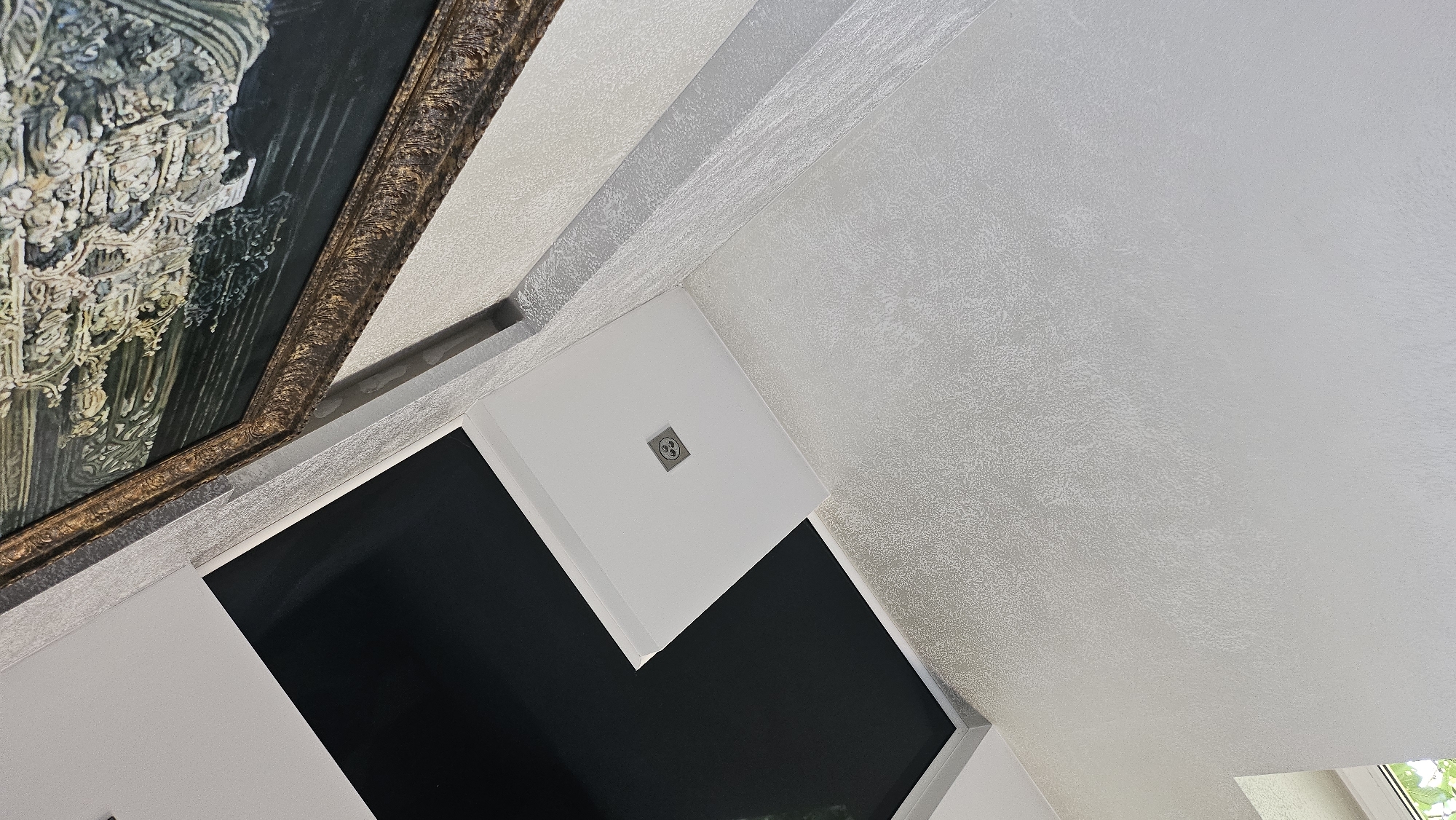 An indoor, eye-level, wide shot displays a ceiling with a combination of finishes. The ceiling has a white section with a black recessed panel, and a third section with a light gray patterned finish. The white section has a single square recessed light fixture in the center. A gold-framed artwork with a dark background and detailed imagery hangs from the ceiling at an angle.