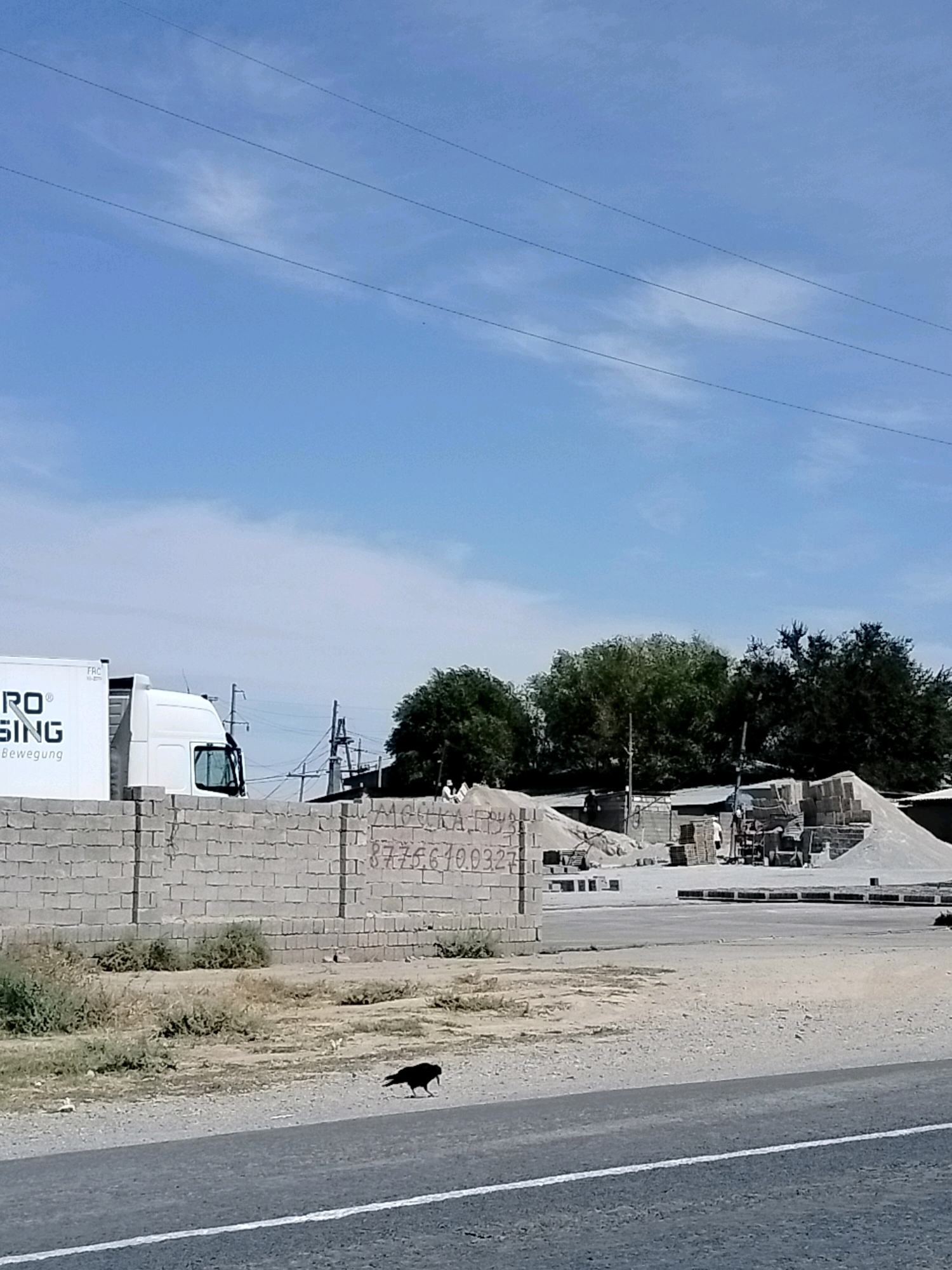 The image depicts an outdoor scene, likely in an industrial or construction area. In the foreground, a road with a white line is visible, and a black bird is standing on the ground next to it. Behind the road is a low brick wall. To the left of the wall, a white truck with the branding "TBC" and "RO SING Bewegung" is parked. The wall itself has graffiti on it, including the numbers "877566400327". Further back, there are piles of sand and bricks, as well as some trees and utility poles. The sky is blue with some clouds, and there are power lines running across the top of the image. The scene appears to be in Көлкент, Kazakhstan.