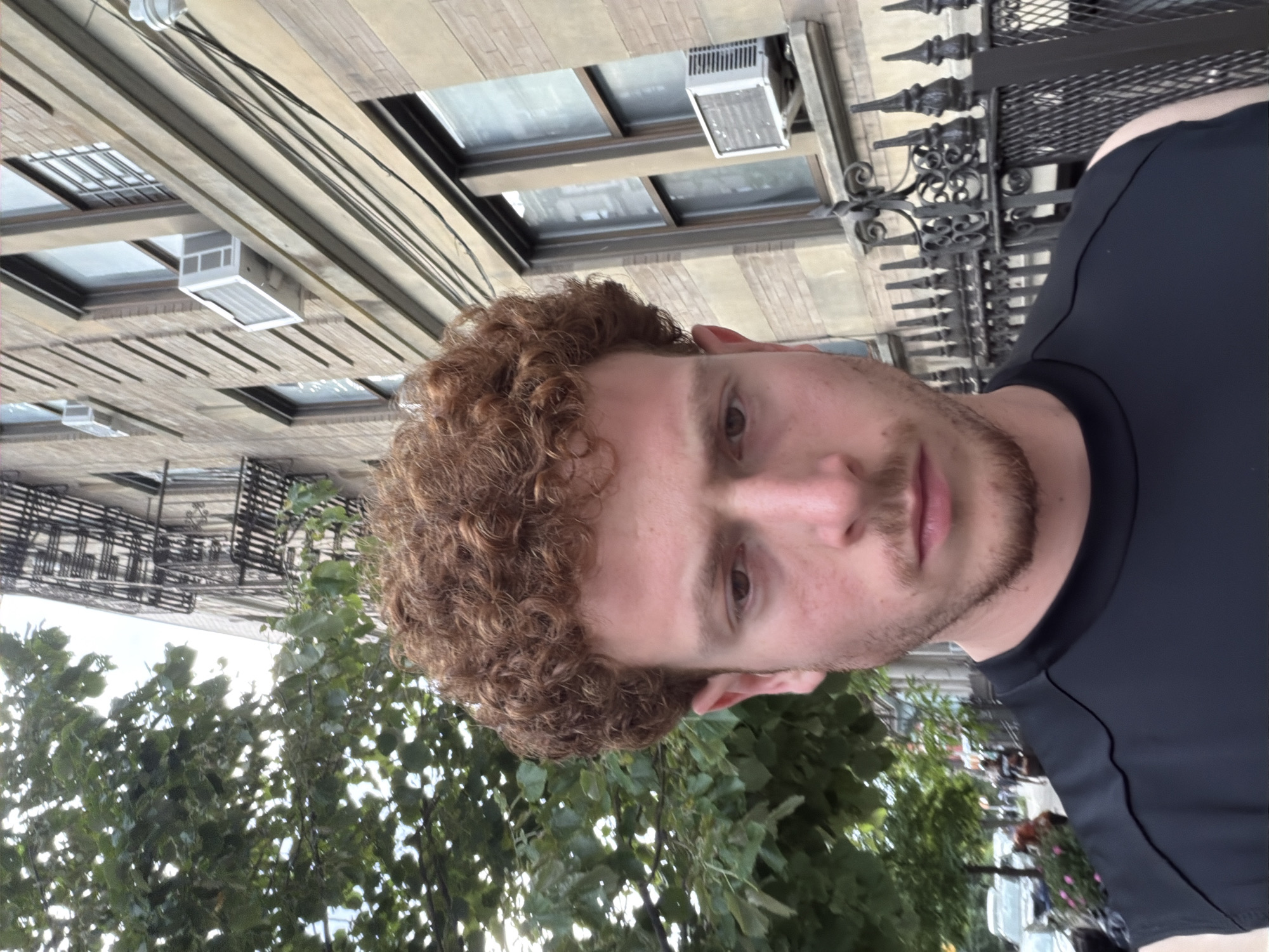 The image shows a close-up portrait of a Caucasian male with curly auburn hair and a short beard. He is wearing a dark-colored shirt. The background reveals an urban scene, including a brick building, iron fencing, and an air conditioning unit protruding from a window. Lush green trees are also visible. The environment suggests the image was taken in New York City, United States.