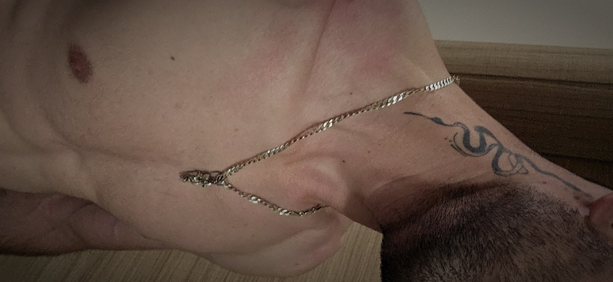 A close-up shot of a fair-skinned torso and neck, partially exposed. A silver chain rests across the upper chest and neck. A dark tattoo adorns the side of the neck. Hair is visible near the bottom right of the frame. The background shows a light brown surface. The location is not specified, and the city of Plovdiv, Bulgaria, cannot be confirmed.