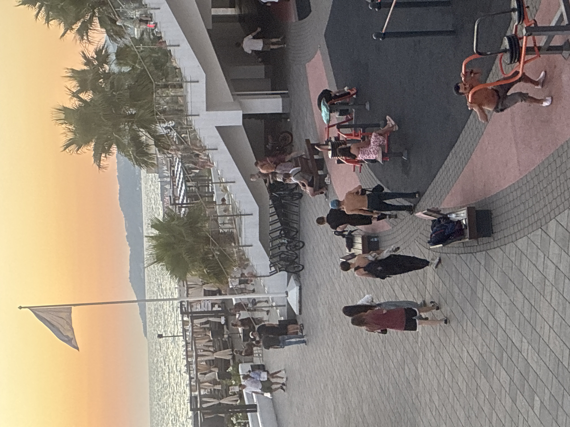 The image captures an outdoor scene near the coast in Sochi, Russia, likely during the late afternoon or early evening, indicated by the warm, orange hues of the sky. In the background, the Black Sea is visible with a coastline and mountains in the distance. Along the waterfront, there are covered seating areas and umbrellas.
In the foreground and midground, several people are present in a paved public area. To the right, there's an outdoor fitness area with various exercise machines. One man is actively using a weight machine. A woman is seated on another machine. Further back, a group of people are walking and standing. Some individuals appear to be dressed casually for warm weather. A set of outdoor stairs leads up to a higher level with palm trees and more people visible. Bicycles are parked near the base of the stairs. A flag on a pole stands near the water's edge. The overall atmosphere suggests a recreational and public space.