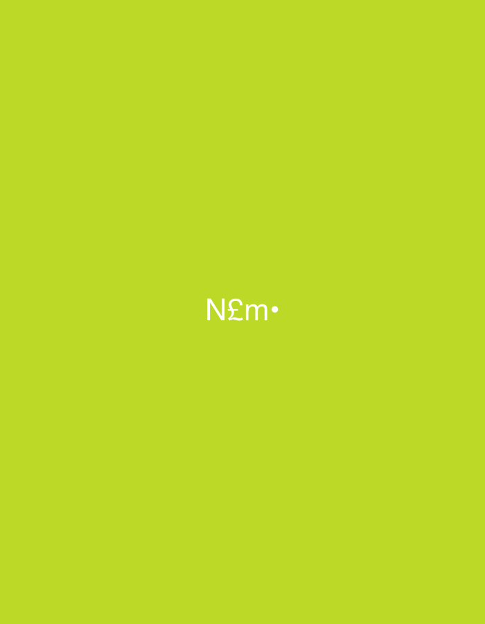 The image displays a solid, uniform lime-green background (hexadecimal color approximation #99CC33). Centered horizontally and vertically on this background is a sequence of white characters: an uppercase Latin letter 'N', followed by the Pound sterling symbol '£', a lowercase Latin letter 'm', and a middle dot '•'. The characters appear in a clean, sans-serif typeface. No other elements, figures, objects, or environmental details are present within the frame. This abstract graphic is located in the city of Casablanca, Morocco.