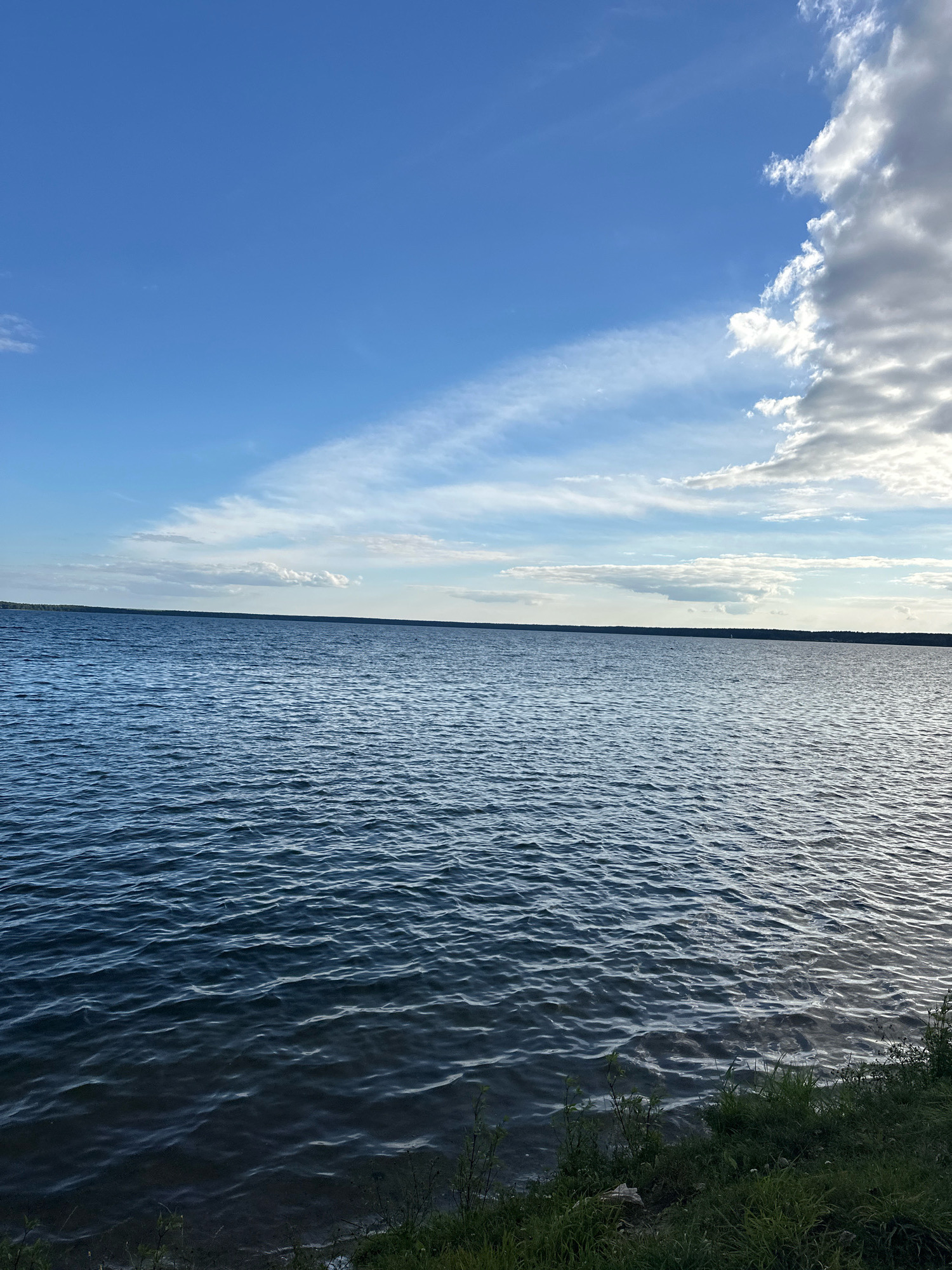 The image captures a serene natural scene at the Narotsky rural council in Belarus. The foreground shows the edge of a body of water with some green grass and sparse vegetation along the bank. The water itself is calm with small ripples reflecting the light. Beyond the water, a distant, dark tree line forms a horizon. Above, the sky is a vibrant blue, partially filled with wispy white clouds, some of which are illuminated by sunlight, creating a gentle contrast with the clear blue expanse.