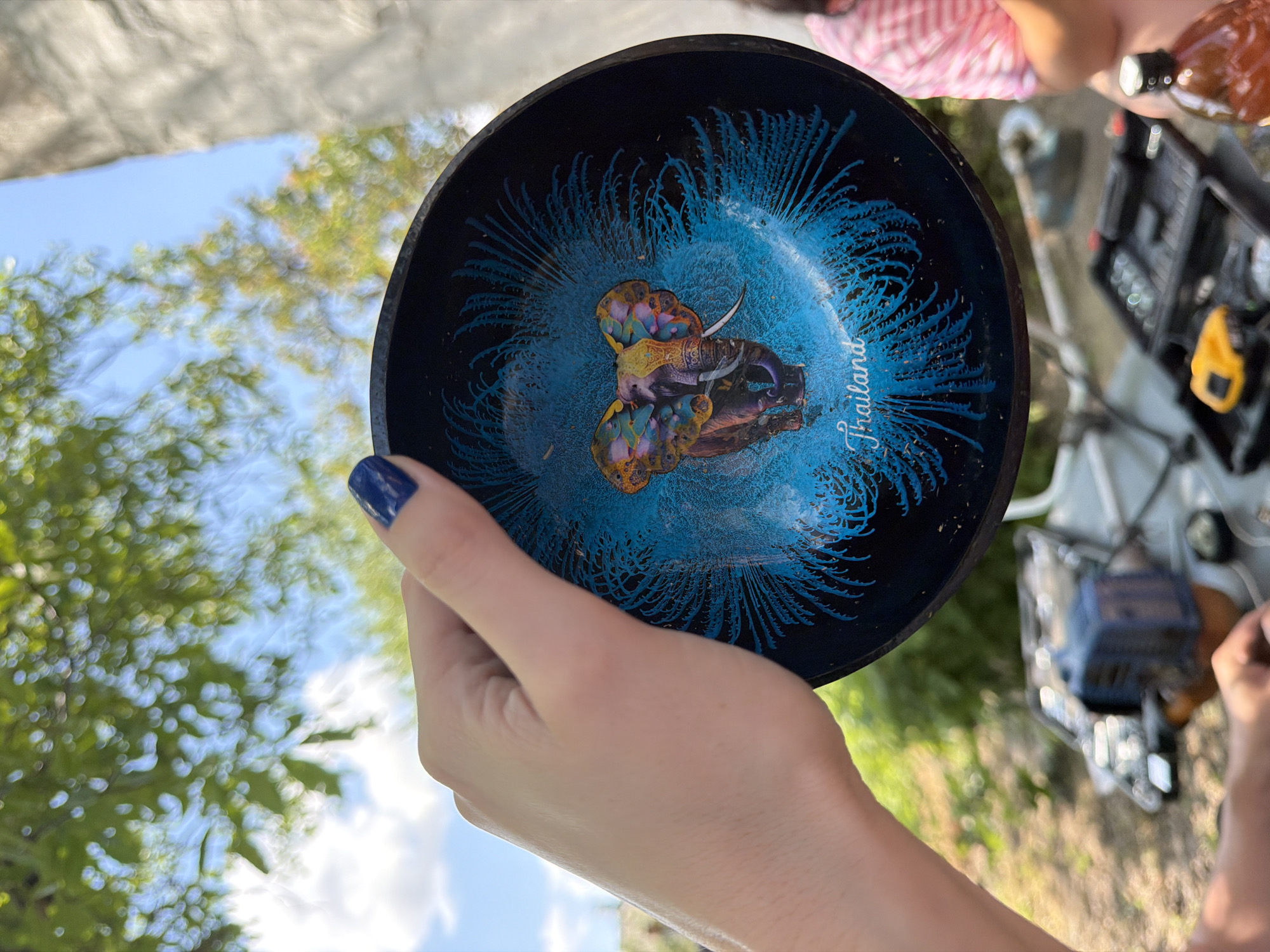 A close-up shot shows a hand holding a dark blue bowl with an image of a vibrantly colored elephant and the word "Thailand" in white script. The bowl has a radiating blue pattern. The background is blurred, showing green foliage, a blue sky, and a concrete structure, suggesting an outdoor setting. In the foreground, out of focus, is a toolbox with various tools and a brown bottle. A person in a pink and white striped shirt is partially visible to the right. The image is not specific to Komsomolskiy, Russia.
