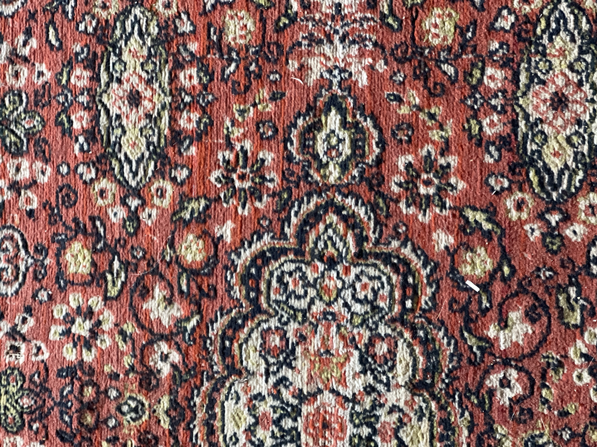 A close-up shot shows a section of a patterned rug. The dominant color of the rug is a muted, reddish-orange. The rug features a repeating design of floral and geometric motifs in various shades of cream, black, and green. The pattern includes a larger, central motif that resembles a stylized medallion or emblem. The image appears to have been taken indoors under adequate lighting. There is no indication of the image's location being in Yerevan, Armenia.