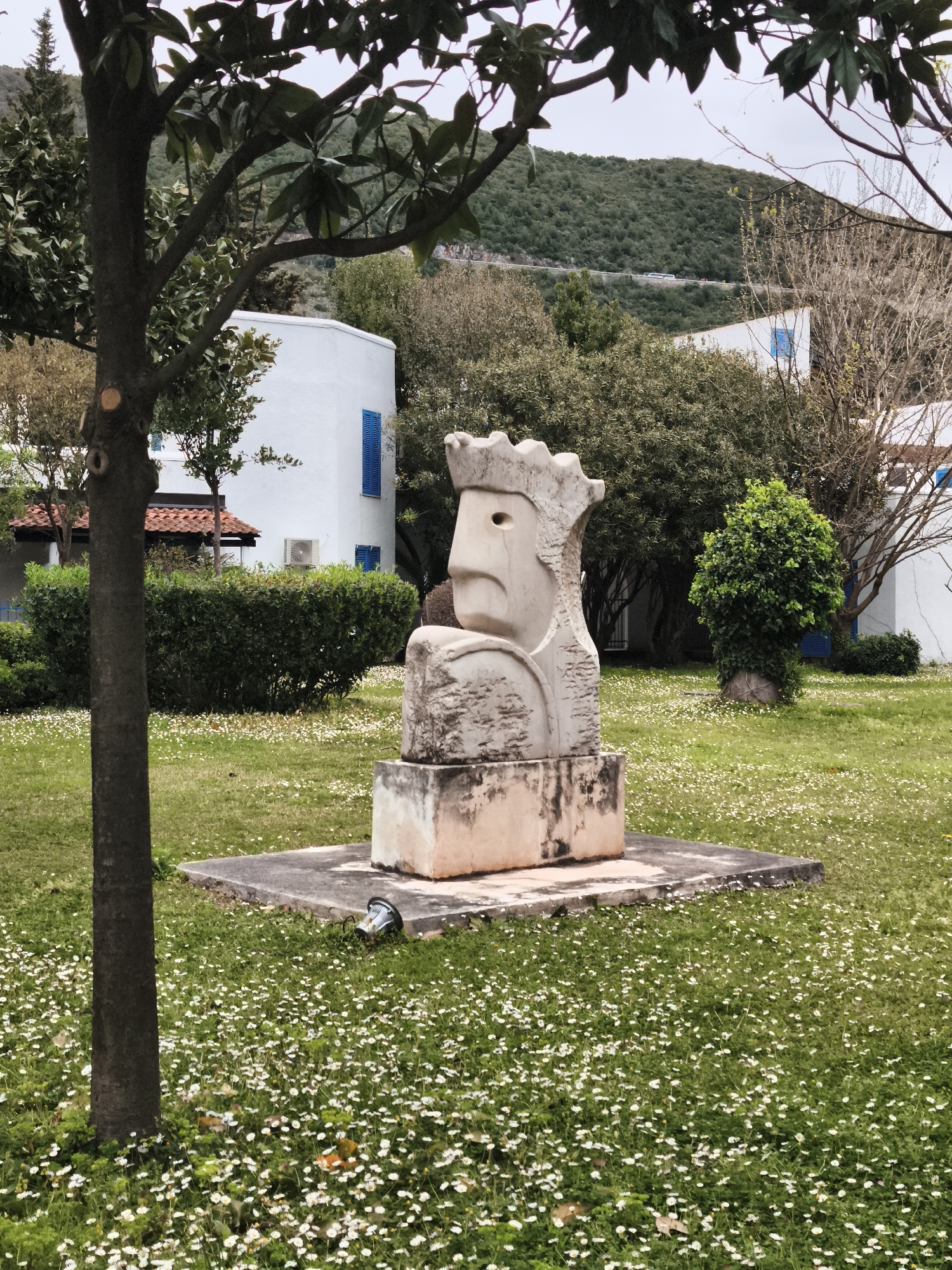 The image depicts a stone sculpture of a head with a crown-like structure atop its head, located on a grassy lawn speckled with small white flowers. The sculpture is situated on a concrete base that shows signs of weathering. Behind the sculpture are white buildings with blue shutters, nestled amidst greenery. In the background, a lush, green hillside is visible. A tree trunk is prominently positioned in the foreground, partially obscuring the view of the sculpture. The scene appears to be set in a public area or park, possibly within the city of Budva, Montenegro, given the architectural style and landscape. A partially exposed spotlight is on the ground near the sculpture's base.