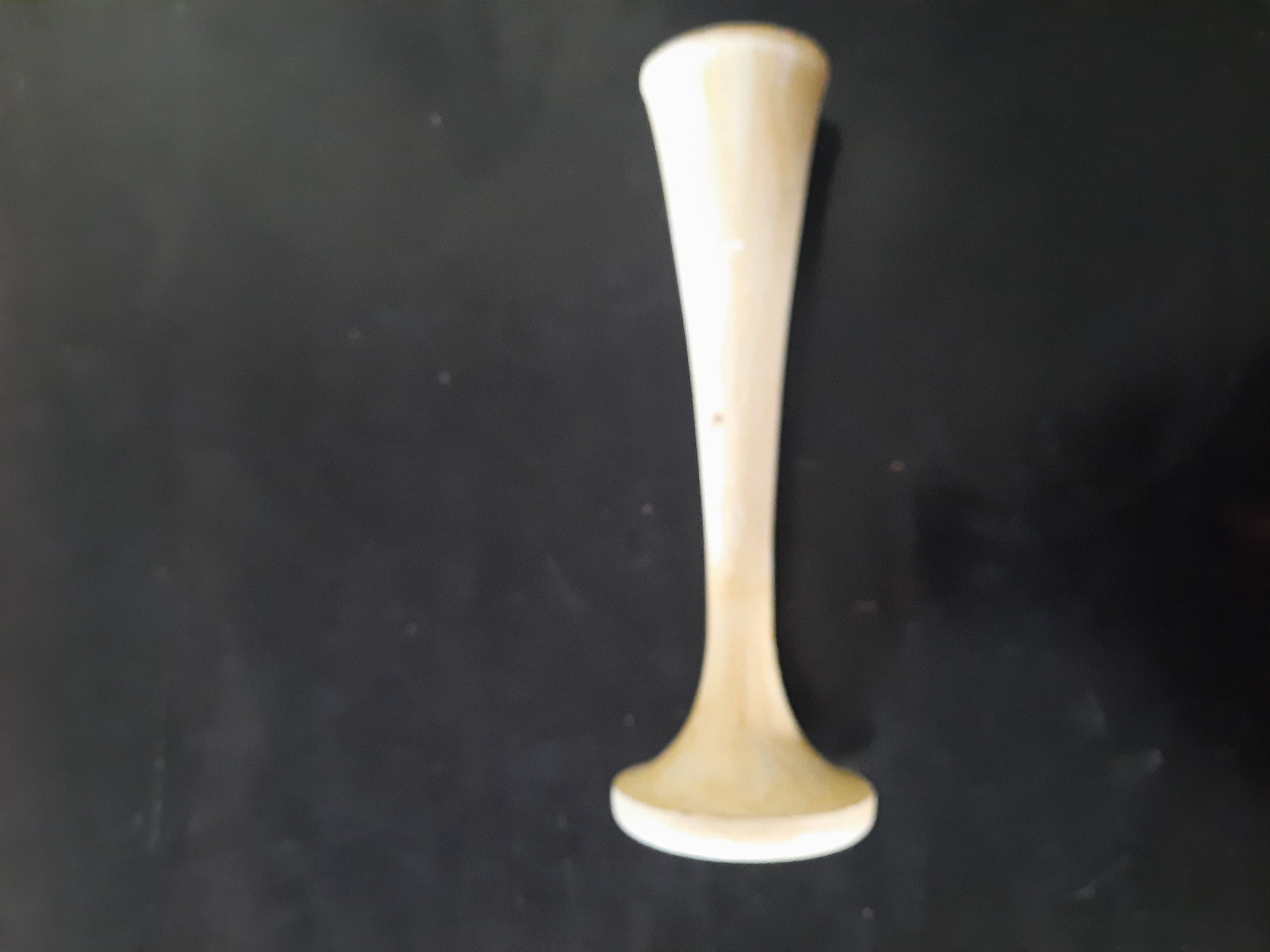 A bone instrument, likely a pestle or a tool, rests horizontally on a dark, matte surface. The object is elongated with a wider, flared end on the left and a narrower, slightly rounded end on the right. The material appears to be polished bone or a similar light-colored material, with subtle variations in tone and a smooth texture. The background is uniformly dark, possibly a table or floor, with some faint reflections or dust specks visible. No people or specific location details are discernible.