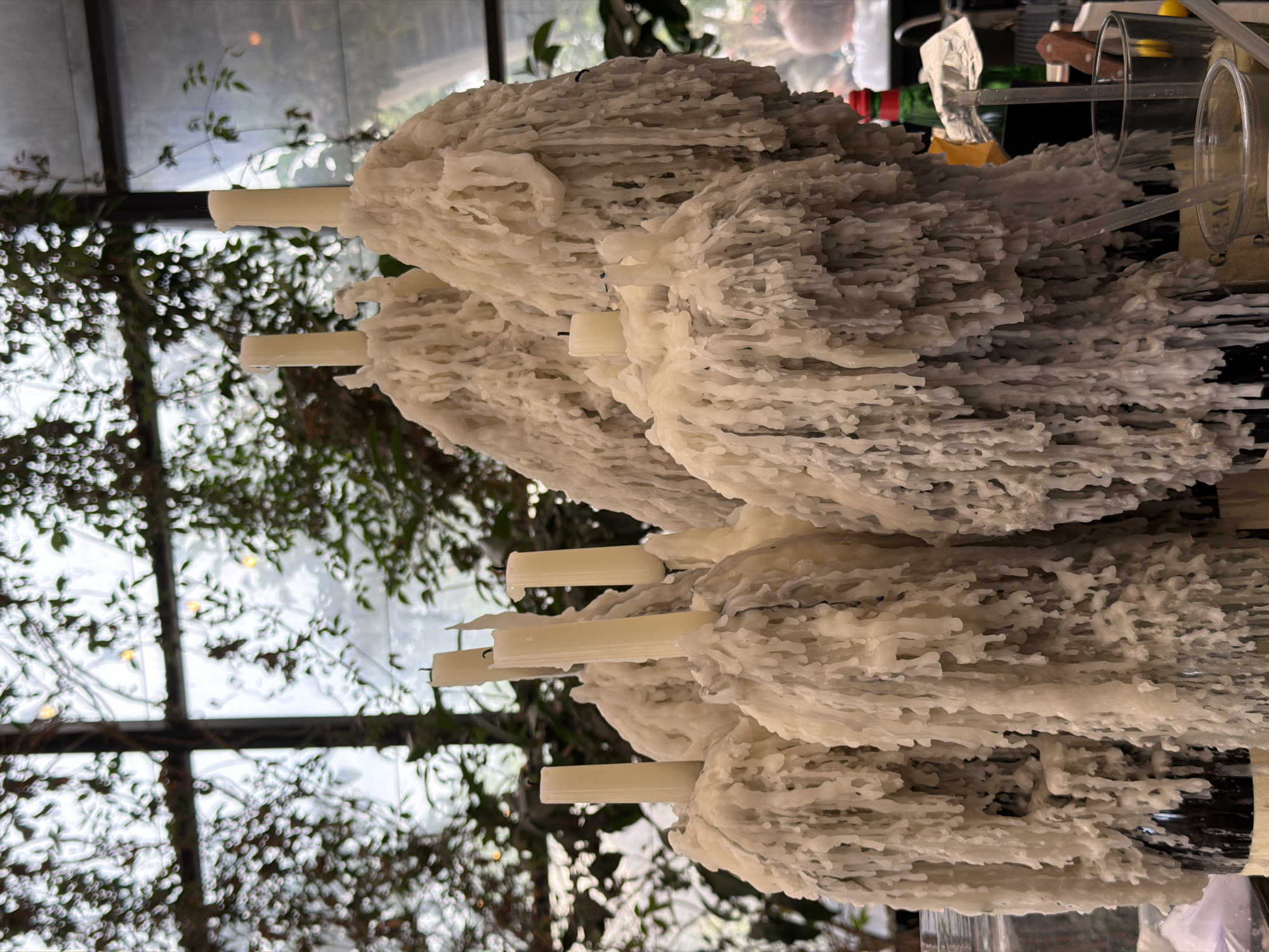 The image shows a cluster of lit candles thickly coated in white wax. The candles are arranged vertically, with only the tips visible. The accumulated wax forms a dense, irregular mass around the candles. Behind the candles, a blurred background suggests an outdoor environment with greenery visible through glass panels. The setting could potentially be Petah Tikva, Israel. There are also objects on the right of the candles, probably related to a serving setting.