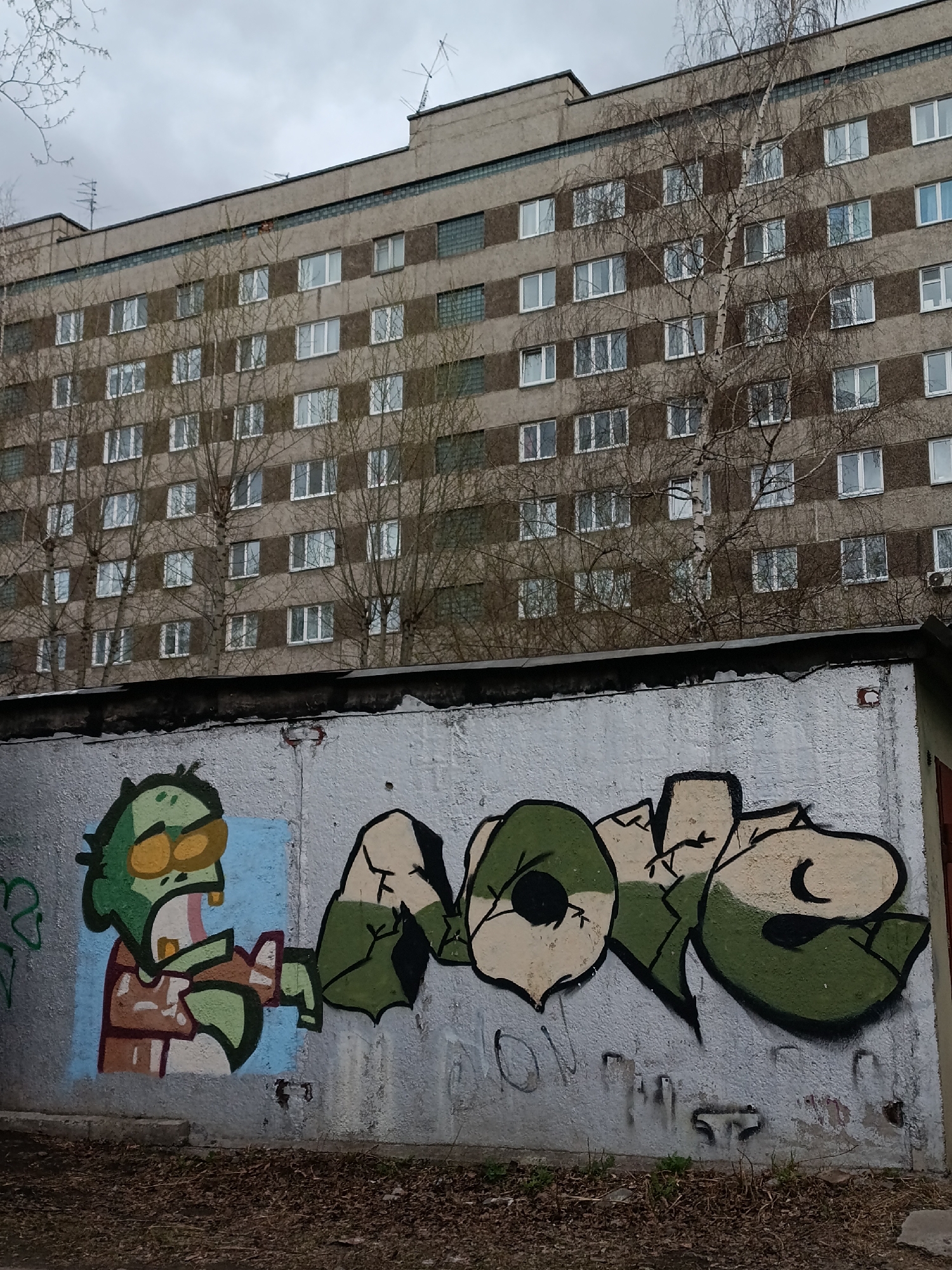 The image shows a concrete wall with graffiti in Krasnoyarsk, Russia. The graffiti includes a cartoon zombie figure with yellow glasses and an open mouth. Next to the zombie is graffiti writing in green and beige colors. Behind the wall is a large, gray apartment building with multiple rows of windows. Several leafless trees are in front of the building. The sky is overcast. Debris and foliage litter the ground at the base of the wall.