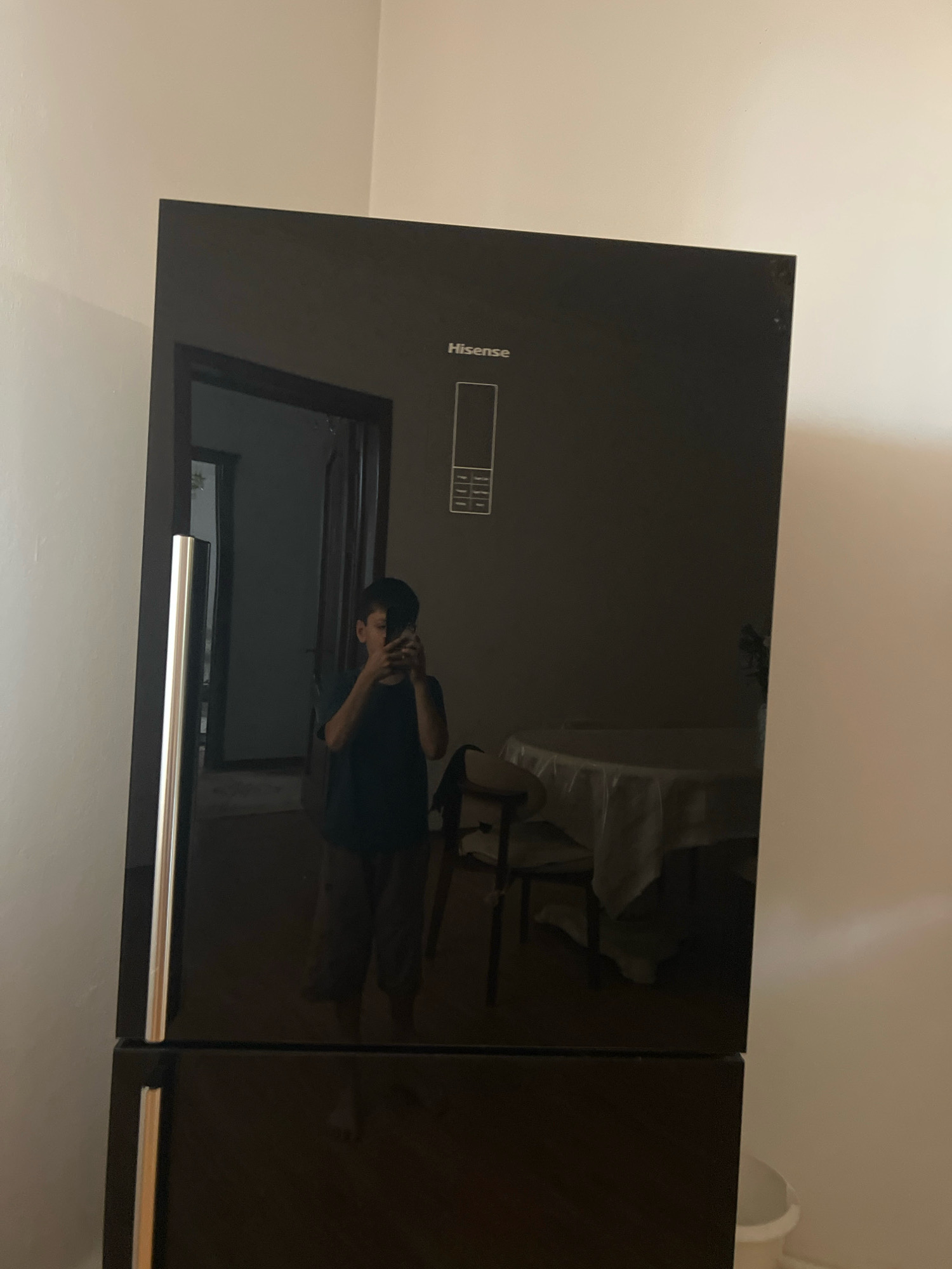 In Novogagatli, Russia, a young boy stands in front of a black Hisense refrigerator, taking a selfie with a smartphone. The refrigerator has a sleek, reflective surface that mirrors the surrounding room, revealing a glimpse of a dining table covered with a white tablecloth and chairs. The boy is dressed in a dark t-shirt and shorts, and his reflection shows him holding the phone up to take the picture. The overall environment suggests a domestic setting, likely a kitchen or dining area within a residential building.
