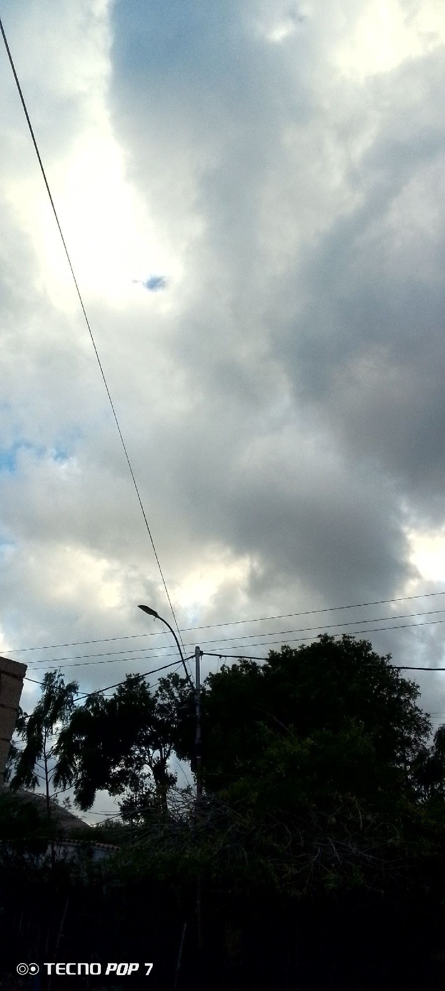 The image shows a cloudy sky with a mix of white and dark gray clouds. A single overhead power line runs diagonally across the upper left portion of the frame. A street light is visible in the middle of the image, positioned behind a line of trees. Multiple power lines run horizontally across the middle section of the image. The foreground includes dark, dense foliage of trees and bushes. A portion of a building is visible on the left side of the frame. The phone model “TECNO POP 7” is visible at the bottom left corner. The scene appears to be taken in a residential area, potentially in Altagracia, Venezuela, based on the request.
