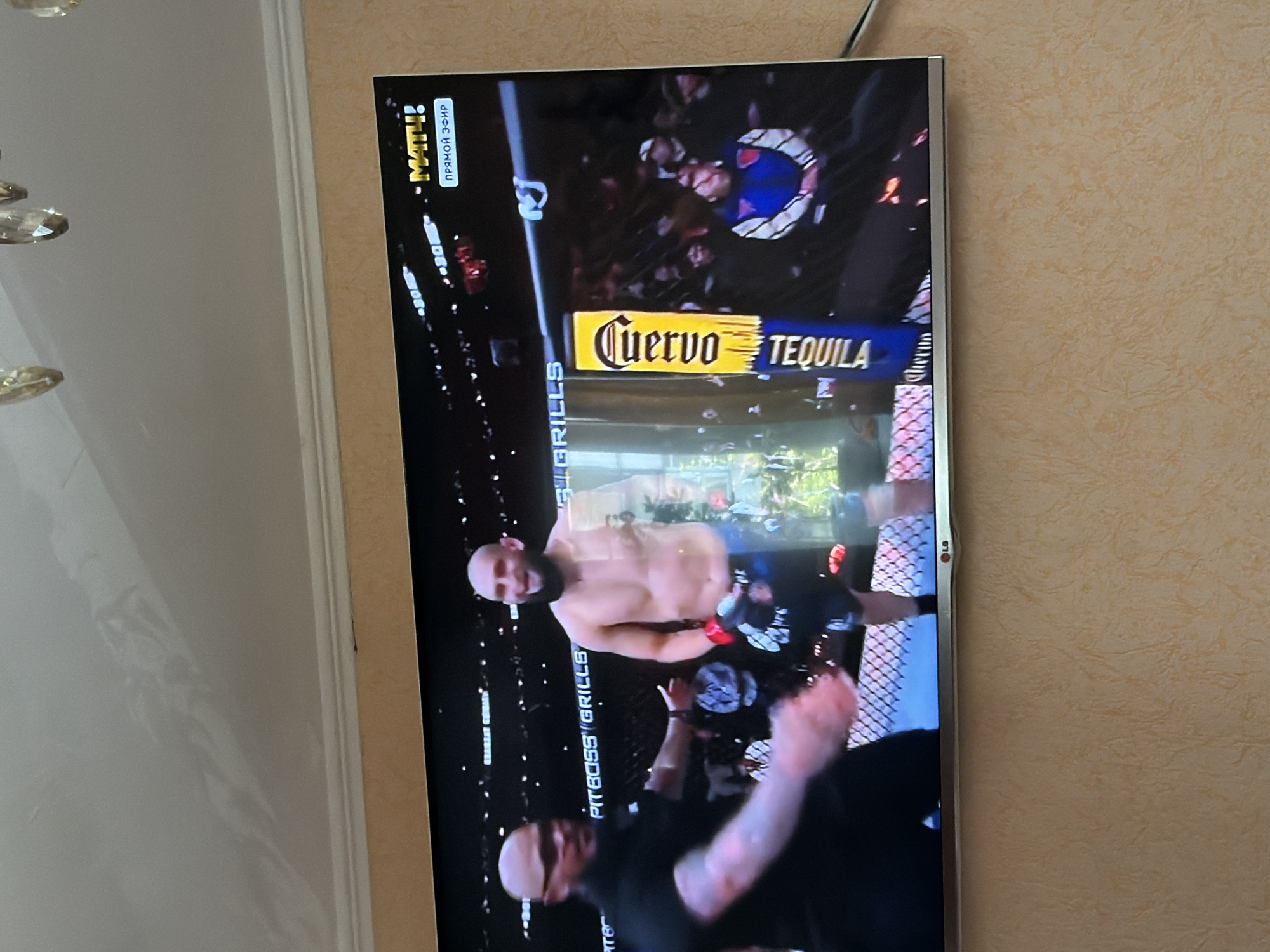 A television screen displays a mixed martial arts (MMA) fight. A fighter with a beard and without a shirt is visible in the foreground of the screen. A "Cuervo Tequila" advertisement is visible at the top of the screen. In the upper left corner, there is a chandelier. The television is mounted on a peach-colored wall. It is not possible to determine the exact location of the television within Beryozovka, Russia.