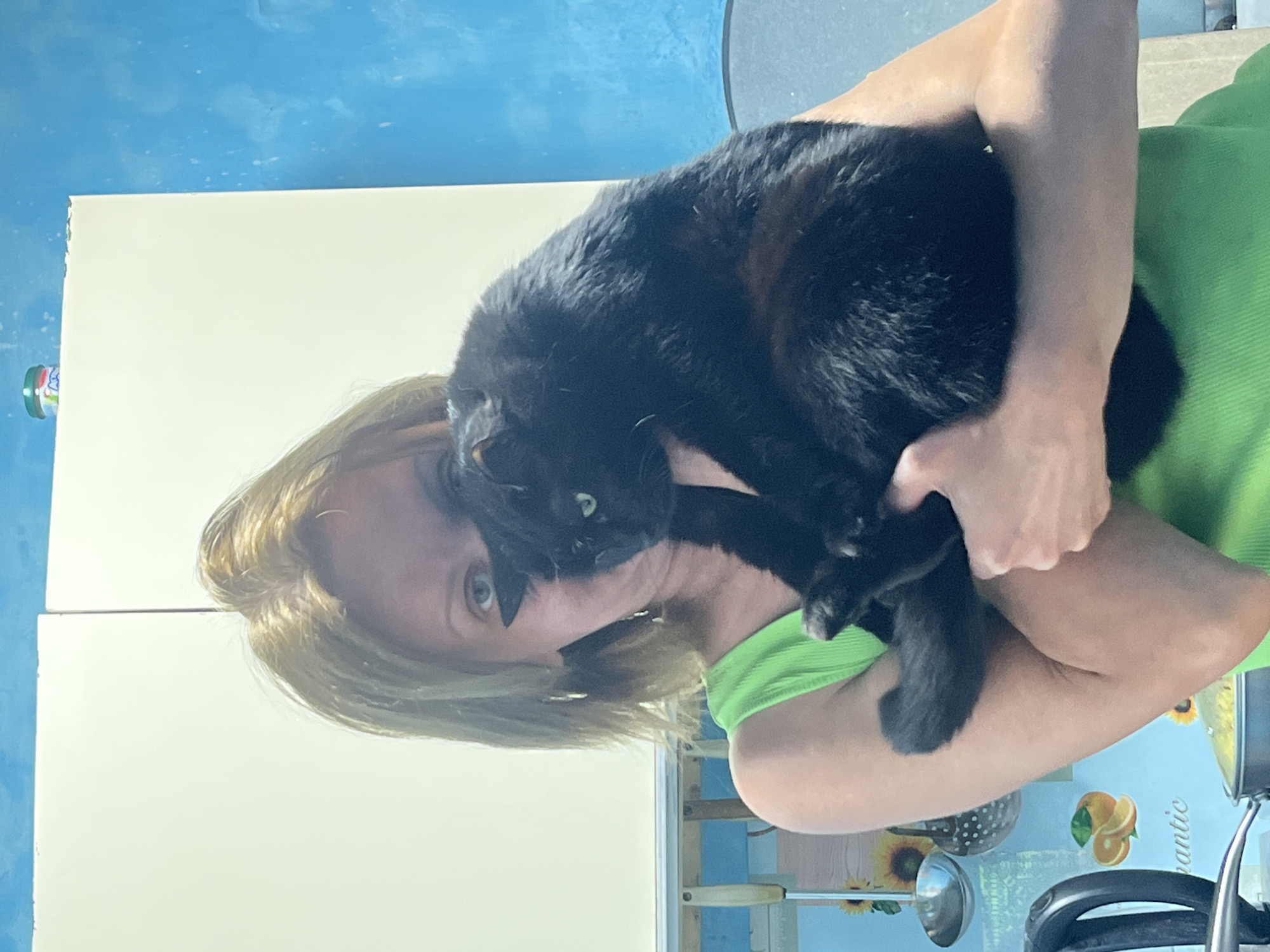 A brightly lit, vertical indoor shot captures a woman holding a black cat. The woman, with blonde hair and light-colored eyes, wears a vibrant lime green sleeveless top and looks directly at the camera with a neutral to slightly smiling expression. The black cat is cradled in her arms, resting near her face and shoulder, with one greenish-yellow eye clearly visible as it also looks towards the viewer.
The background features a light blue wall to the left, which has a small, colorful container or cap attached. Behind the woman, there is a light-colored surface, possibly a cabinet or wall. Below her arm, a table covered with a light blue tablecloth is visible. The tablecloth is patterned with sunflowers and citrus fruits, specifically oranges or lemons. Among the patterned elements on the tablecloth, the word "romantic" can be seen.
Various kitchen items are present on the table, including a metal ladle, a colander or strainer, and a black kettle or coffee maker. A clear glass or bottle is also partially visible on the table. The lighting suggests it is daytime.