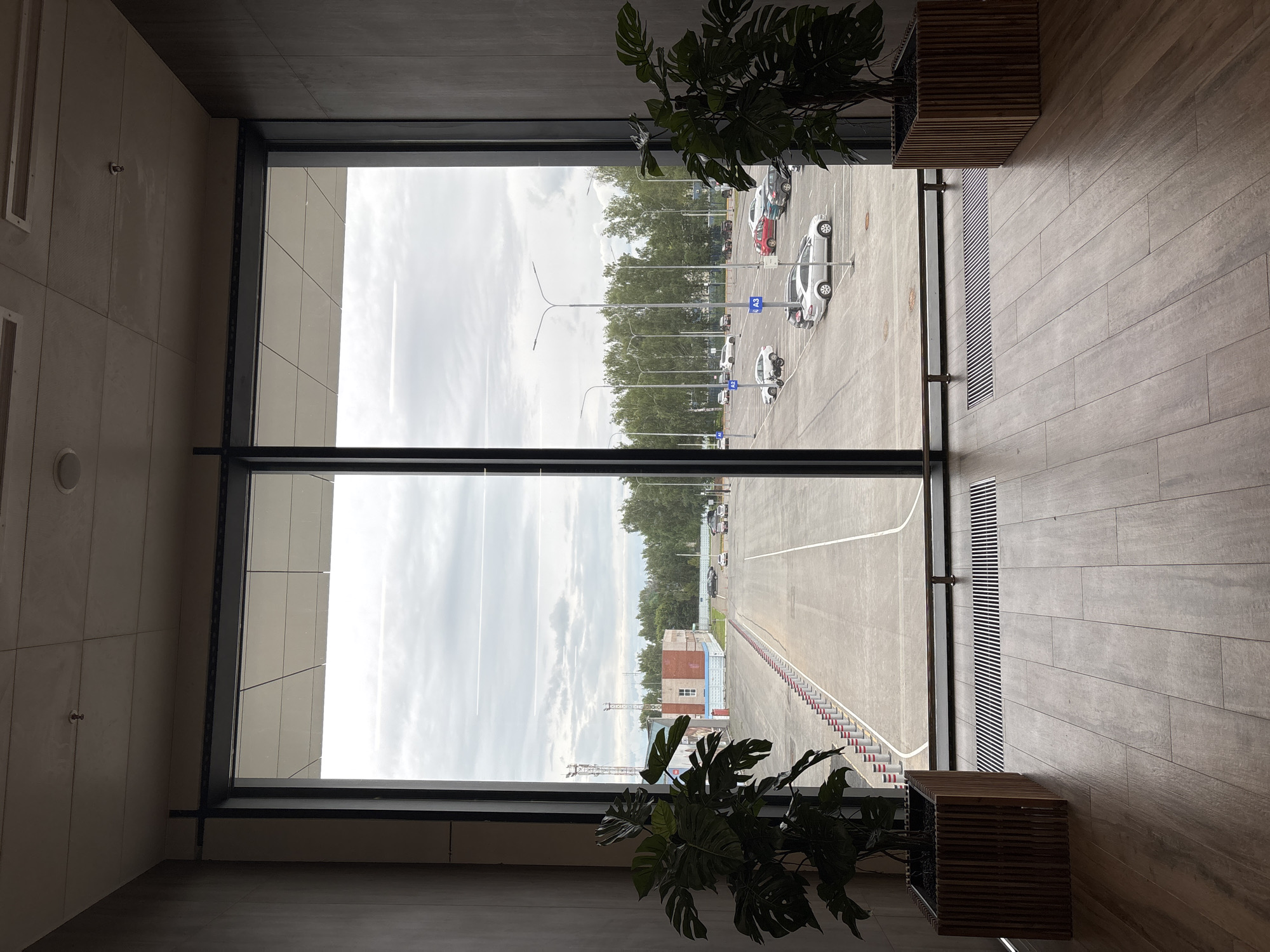 The image shows a view through a large window from inside a modern building. The interior features dark gray walls and a wooden floor. In the foreground, on either side of the window, are large potted plants in wooden planters. A metal grate is visible on the floor in front of the window.
The view outside reveals a large paved area, likely a parking lot or tarmac, with several cars parked. A row of bollards with red and white markings separates the paved area from a road. In the middle ground, there are buildings with brick and blue siding, and utility towers. Trees line the far edge of the paved area, suggesting the location is near a green space. The sky is overcast with clouds.
This scene appears to be located at or near the Starye Martyanovo Airport in Старое Мартьяново, Russia, given the presence of tarmac, parked vehicles, and industrial-looking buildings. There are no people visible in the image.