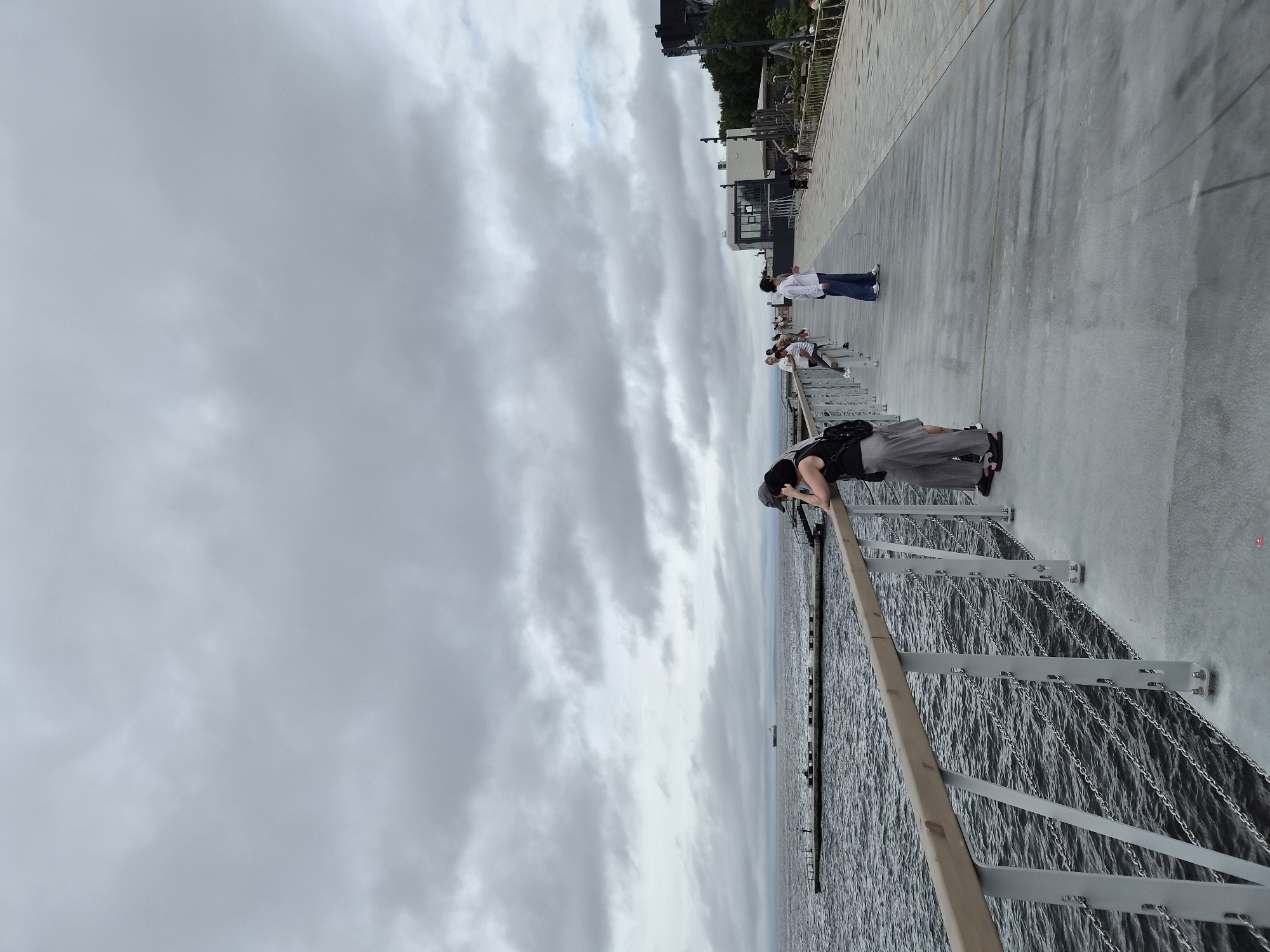 This is a photograph of a cloudy day at an outdoor promenade in Vladivostok, Russia, likely along the waterfront. In the foreground, a woman with dark hair is leaning on a railing, looking out at the water. She is wearing a black tank top and gray pants. To her left, a man in a gray cap is also leaning on the railing. Further along the promenade, several other individuals are visible, some walking and others standing and observing the scenery.
The promenade itself is paved with a light-colored material, and a metal railing with a wooden top runs along the edge overlooking the dark, choppy water. In the distance, a large ship is visible on the horizon, and a long pier or jetty extends into the water. Beyond the promenade, modern buildings with glass elements and some greenery are present, suggesting a developed urban area. The sky is heavily overcast with thick gray clouds, contributing to a subdued atmosphere. The overall impression is of a public space being utilized for recreation and sightseeing on a somewhat gloomy day.