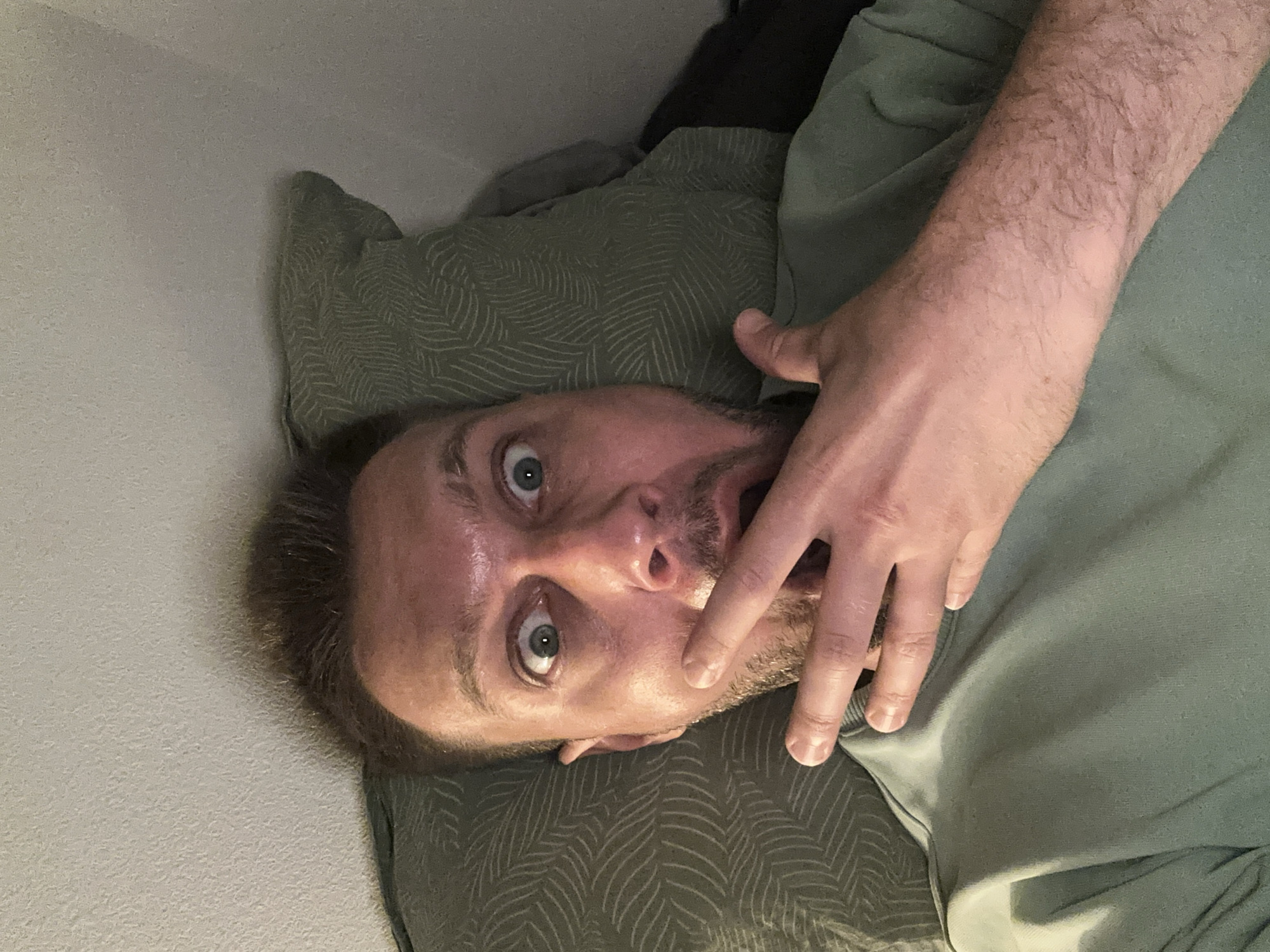 A man with fair skin, brown hair, and light blue eyes is lying on a green pillow, looking directly into the camera with a surprised expression. His mouth is open, and his left hand is covering his mouth. He is wearing a light green t-shirt. The background is a textured off-white wall. The image appears to be a selfie taken in a bedroom. The overall lighting is dim, with the primary light source coming from above and to the left of the subject. The subject's face is illuminated, creating shadows on the right side of his face and under his chin. No information about the location within Zvezdara Urban Municipality, Serbia, is discernible from the image.
