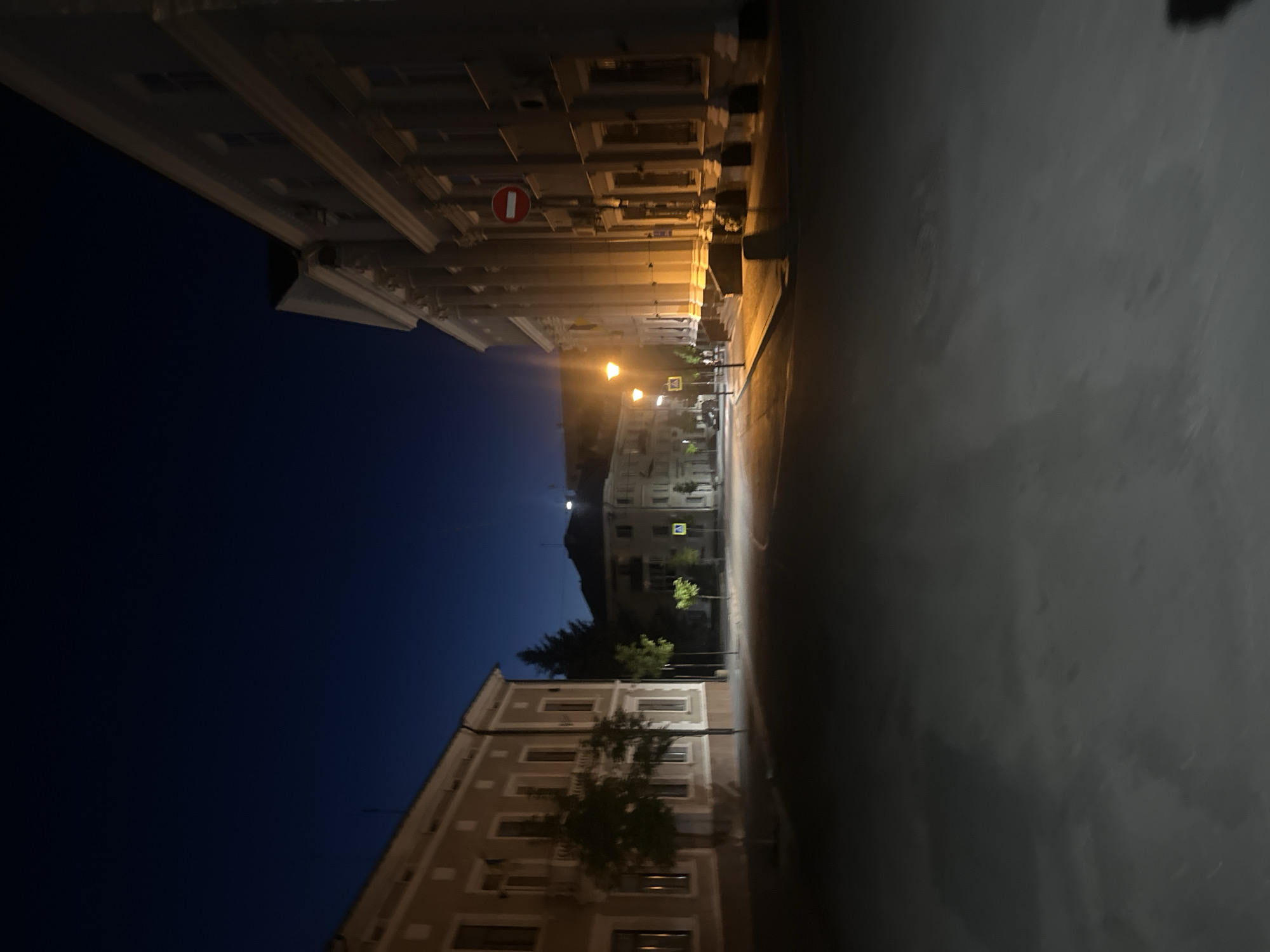 The image depicts a street scene in Ternopil, Ukraine, at night. The sky is a deep, dark blue, indicating twilight or early night. On the left side of the street is a light-colored, multi-story building with visible windows and a balcony. Across from it, on the right side, stands a larger, more ornate building with classical architectural features, including columns and a pediment. This building is illuminated by warm, yellow streetlights, casting long shadows across the asphalt road. Several trees are planted along the sidewalk in front of both buildings. A road sign, possibly indicating a prohibition, is visible on a pole in front of the right-hand building. The street itself is paved and appears empty of vehicles, though there might be a few indistinct figures walking in the distance. The overall atmosphere is quiet and urban, characteristic of a city street after dark.