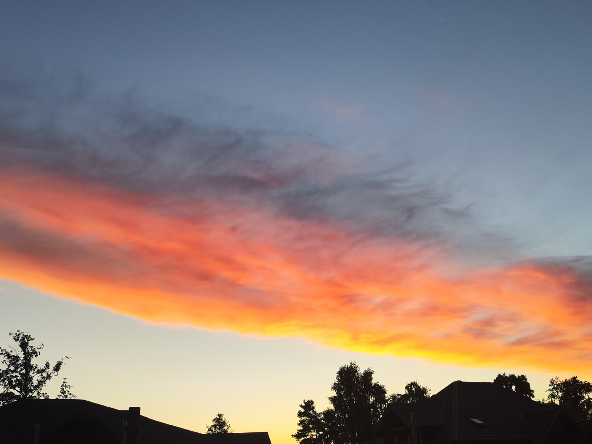 This image presents a stunning sunset or sunrise over a residential area in Chaikovsky, Russia. The dominant feature is a vibrant, elongated cloud formation stretching horizontally across the mid-section of the sky. These clouds are brilliantly illuminated with intense shades of orange, red, and yellow, indicating they are catching the direct light of the low-lying sun. Above and below this spectacular band, the sky transitions into softer tones of blue and gray, with some more diffused, wispy cloud textures visible.
In the lower portion of the frame, the dark silhouettes of multiple house rooftops are visible, suggesting a residential or suburban setting. One roof clearly shows a skylight. Interspersed among the rooftops are the silhouettes of various trees, likely deciduous, with their branches and foliage etched against the lighter horizon.
The scene depicts the natural event of a colorful sky at dawn or dusk. There are no people visible, nor any discernable text. The clear atmospheric conditions allow for a dramatic interplay of light and shadow, creating a beautiful and tranquil moment. The intense coloration of the clouds is the focal point, creating a powerful visual impact against the darker foreground elements.
