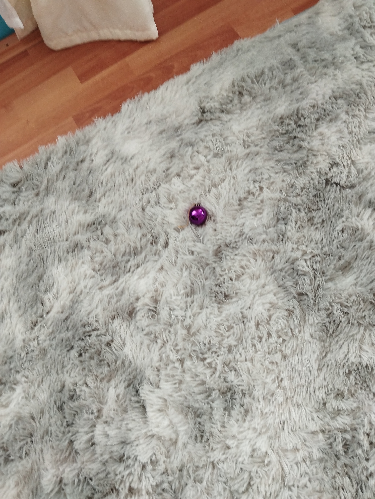 A purple ornament rests on a shaggy, gray rug. The background includes a small portion of a wooden floor and a white cushion. The location is unknown and cannot be determined from the given image. It is also impossible to determine information about people, subjects, objects, actions, or interactions beyond what is readily visible in the image. There is no evidence to suggest this image was taken in the city of Krasnogorskoye, Russia.