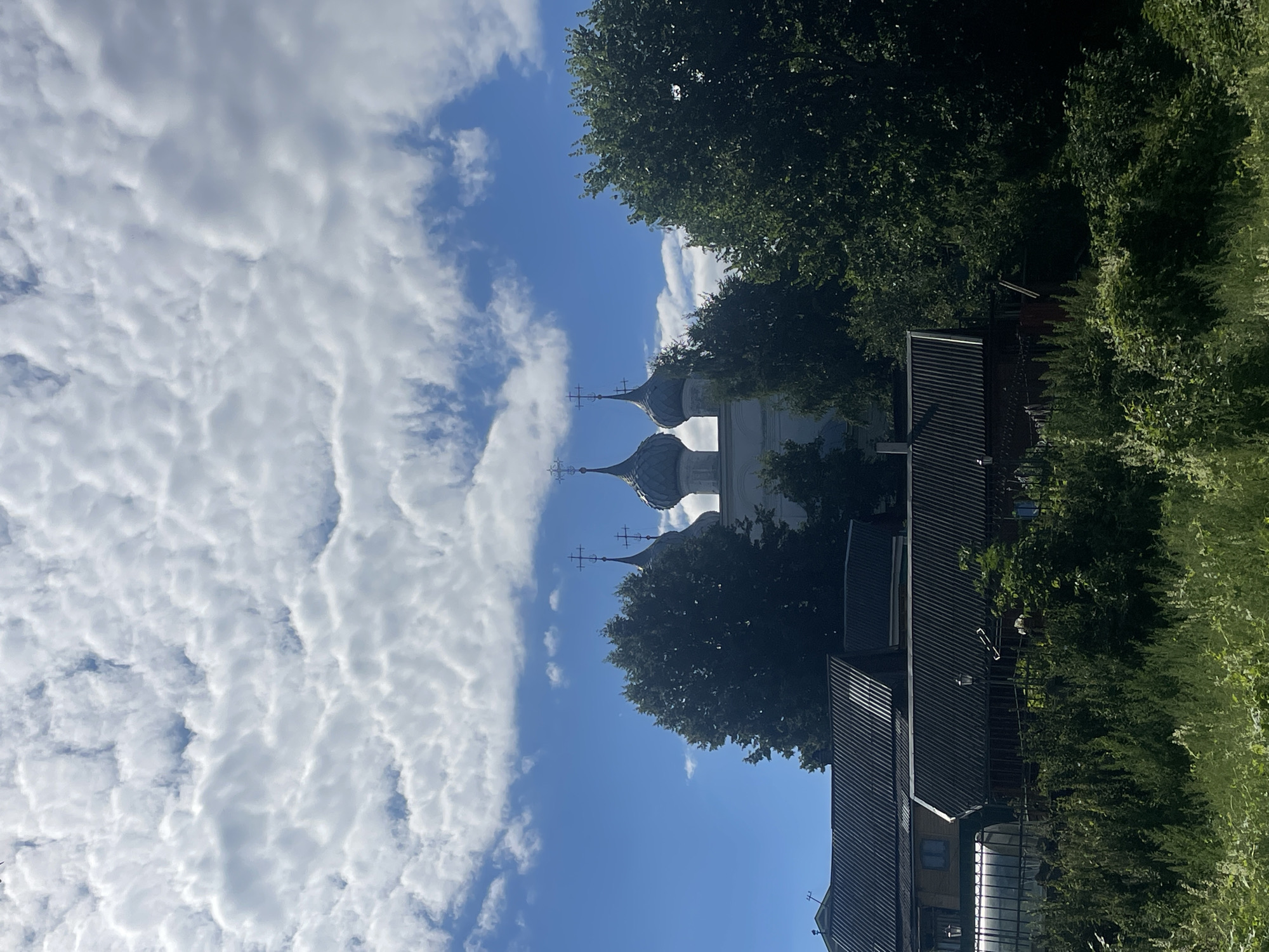 The image captures a view from a rural or semi-rural area looking towards a domed building, possibly a church or cathedral, in Yuryevets, Russia. The sky is blue with a significant amount of fluffy white clouds. In the foreground, there are several buildings with dark, corrugated roofs, possibly houses or outbuildings, partially obscured by dense green foliage and trees. A greenhouse structure is visible to the left of the buildings. The domed building in the background is white, with several onion-shaped domes topped with crosses. The scene suggests a summer day with clear skies and lush vegetation.