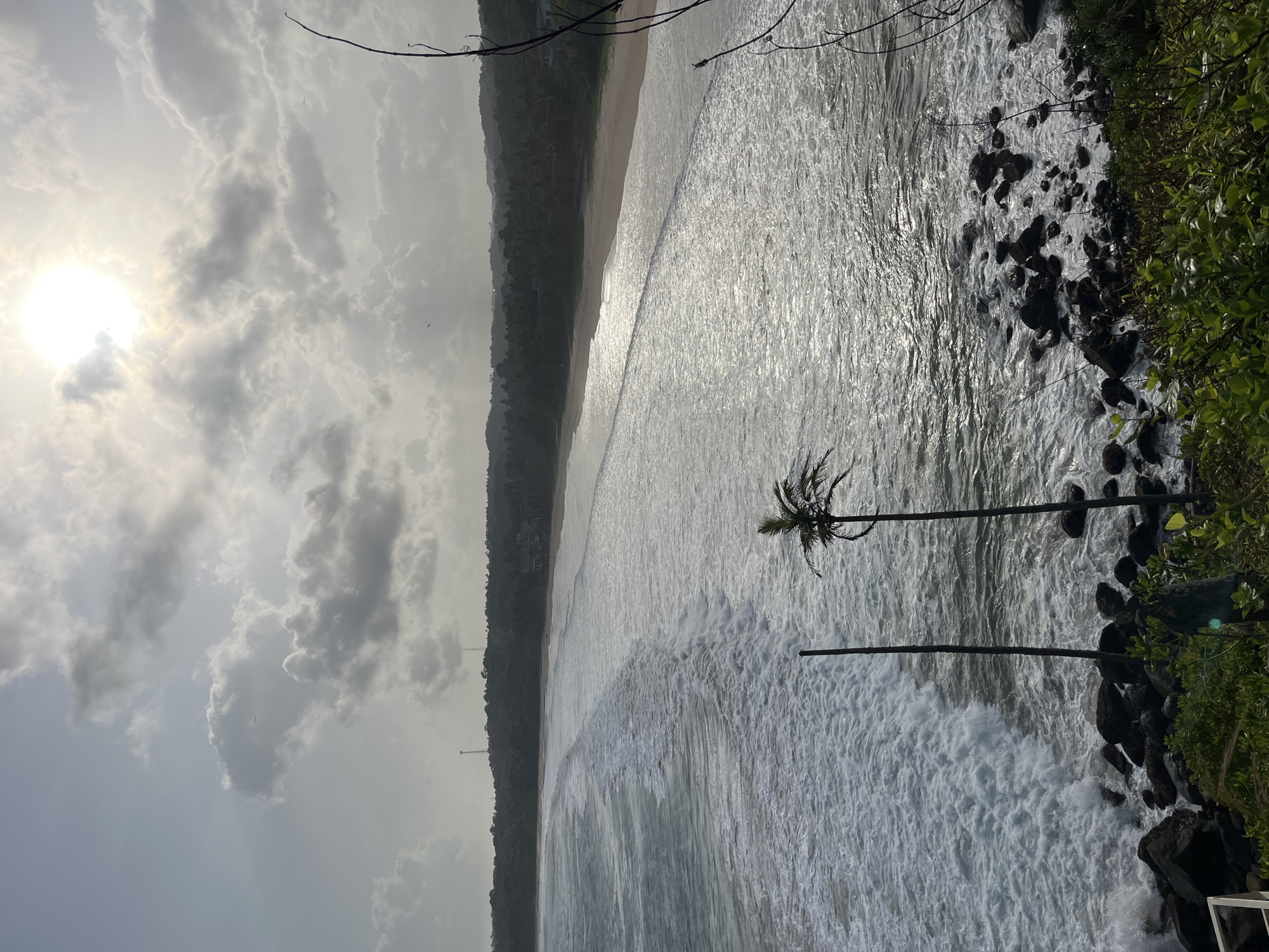 An elevated, full shot captures a serene coastal view of Talalla, Sri Lanka. The sun, partially obscured by clouds, casts a luminous glow over the scene, illuminating the dynamic ocean waves. These waves crash onto a sandy beach that curves into the distance, bordered by a lush, tree-covered hillside. Two solitary palm trees stand on the rocky shore in the foreground, silhouetted against the bright sea and sky. The overall impression is one of natural beauty and tranquility, with the sun's rays creating a dazzling reflection on the water's surface.