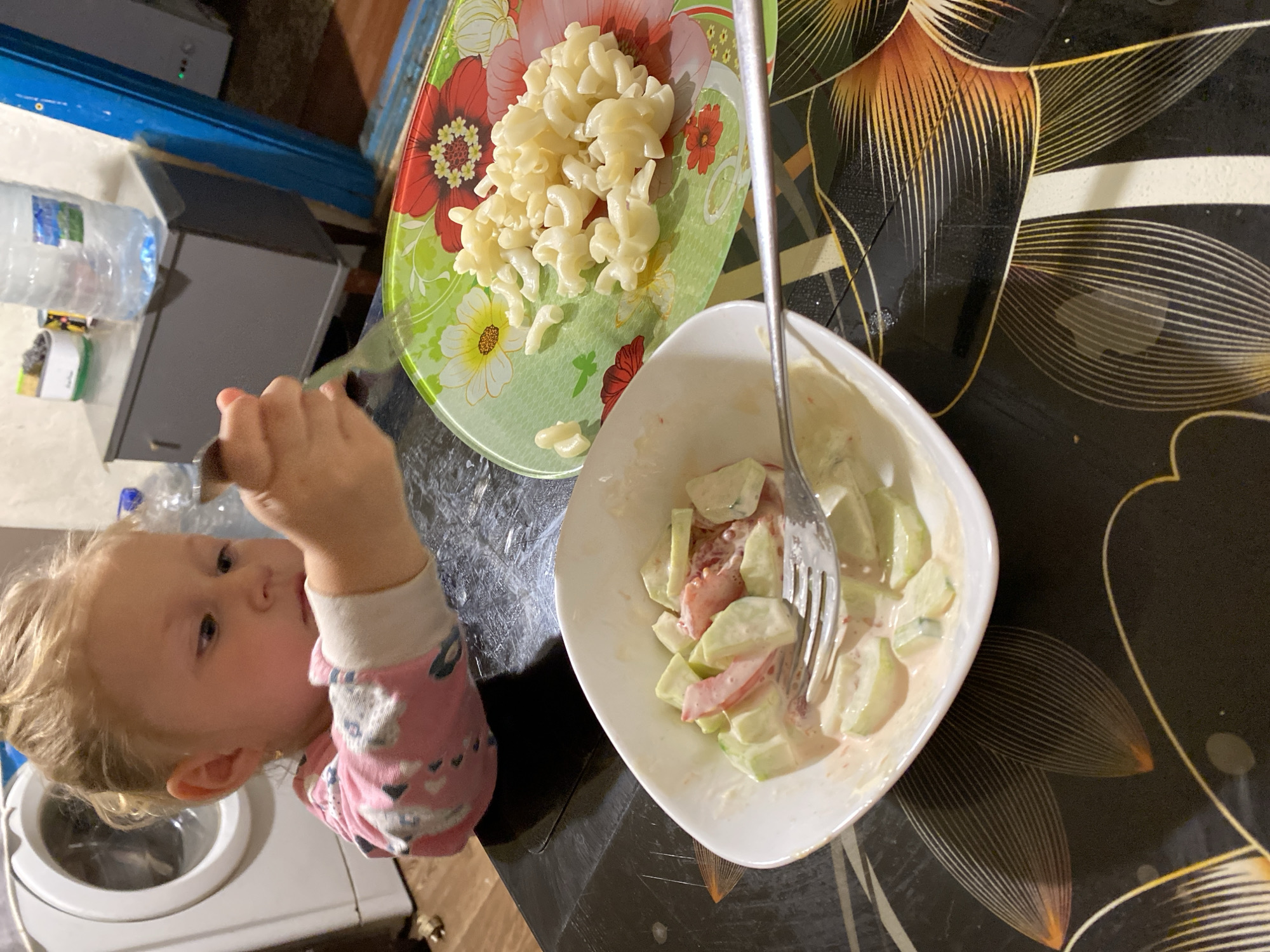 A young child with blond hair is eating at a table. The child is wearing a pink shirt with a pattern. In front of the child are two plates of food. One plate contains pasta, and the other contains a salad of cucumbers and tomatoes in a creamy dressing. The child is holding a fork and appears to be focused on eating. The background shows a washing machine, a cabinet, and a bottle of water. The overall scene suggests a casual mealtime at home. The location is not determinable from the image.