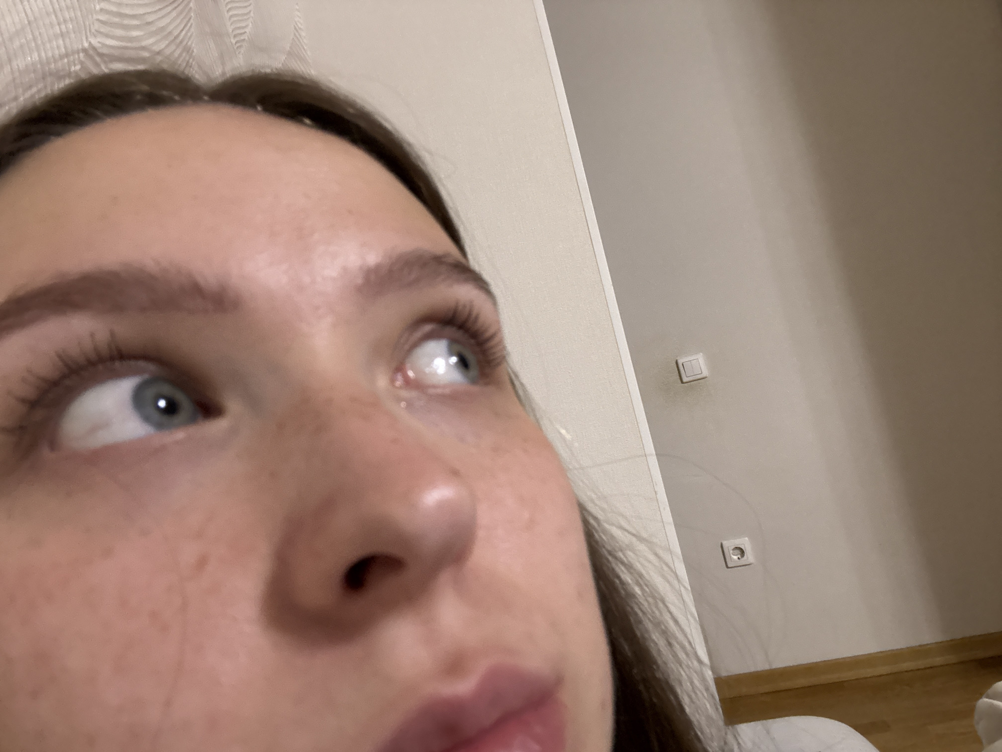 A close-up, high-angle shot features a young woman looking upwards and to her left, with her face dominating the lower and left portions of the frame. Her light blue-grey eyes are directed towards an unseen point above. She has fair skin, prominent dark eyebrows, and sparse freckles across her nose and cheeks. Her dark brown hair is visible at the top of her forehead.
The background consists of a plain light beige or off-white wall. A white vertical trim or frame runs along the left side of the wall. On the wall, to the right of the woman's head, a rectangular light switch is visible. Further down and to the right, a circular electrical outlet is mounted. Both electrical fixtures appear to be of European standard design. Below the wall, a light-colored wooden floor with a matching wooden baseboard is visible.
The scene is indoors, illuminated by what appears to be artificial light, with no indications of natural light, time of day, or weather. The woman's expression is neutral and observant, focusing on something above her. There is no visible text in the image. The electrical fittings are consistent with architecture found in Chaikovsky, Russia.