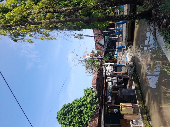 A narrow canal, reflecting the structures alongside, dominates the right side. Buildings line the canal with a mix of open-air structures, flags, and traditional tiled roofs visible. Lush trees border the scene, framing the blue sky above. A power line cuts diagonally across the sky. The lighting suggests a sunny day, casting shadows and highlighting the textures of the buildings and foliage.