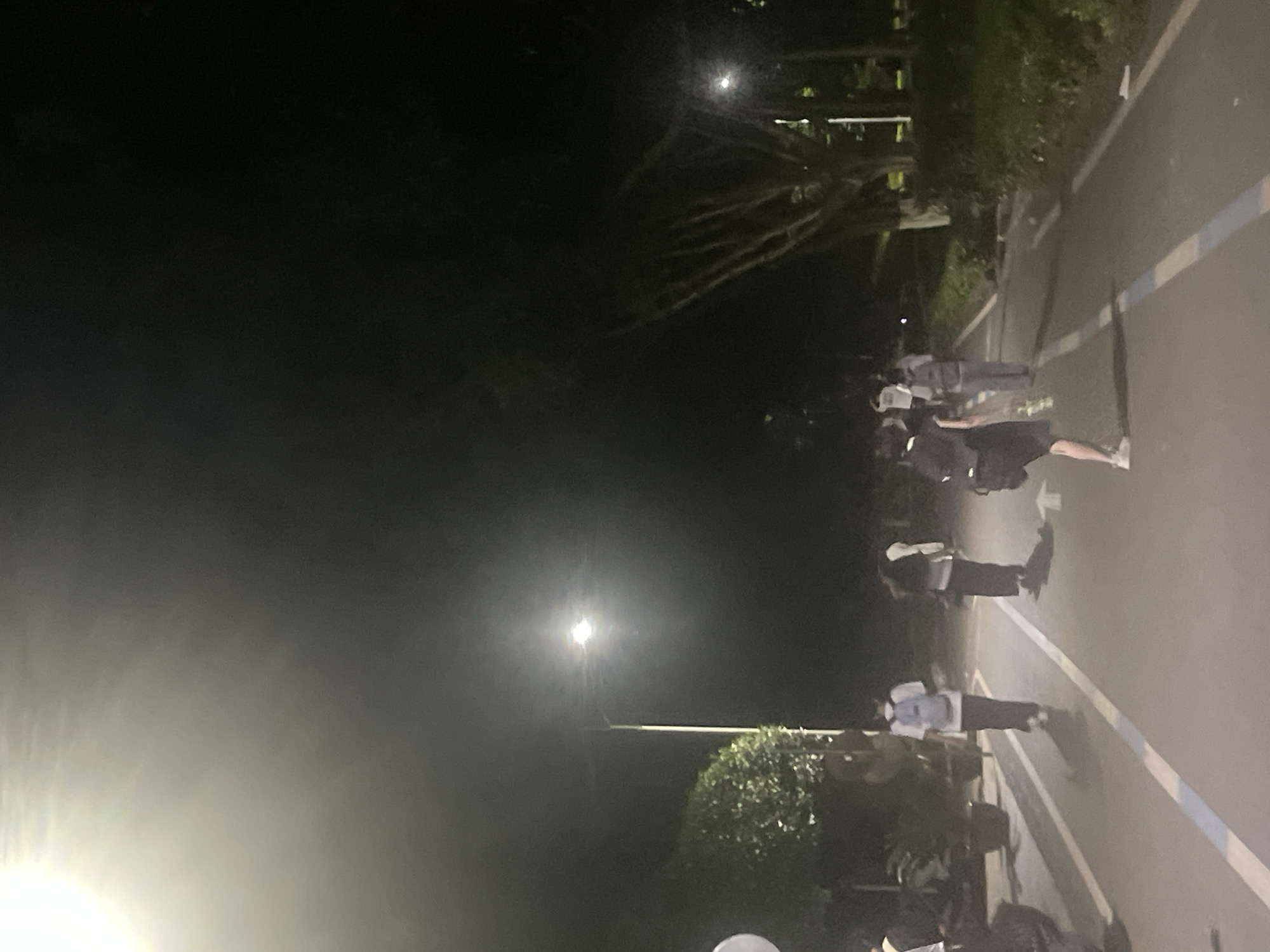 The image shows a nighttime scene in Chongqing High-tech Zone, China. A paved pathway with white and blue lines runs through the center of the frame. Several individuals are walking along the path. The scene is illuminated by streetlights. Vegetation is visible along the sides of the pathway.