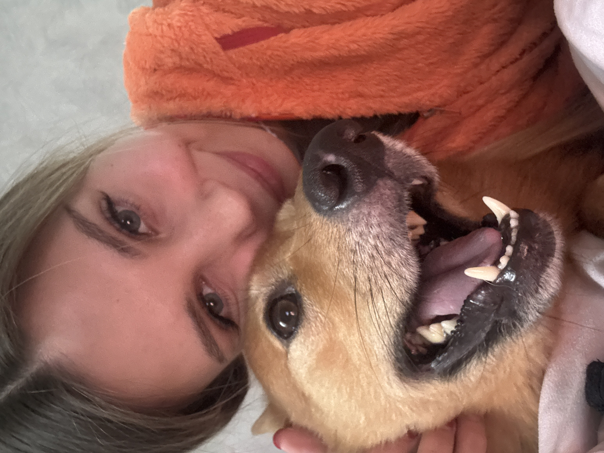A close-up, tilted selfie shows a young woman and her dog. The woman, with light brown hair and green eyes, is wearing an orange hooded robe. She is smiling softly as she holds the dog, which has tan fur and dark markings around its snout and eyes. The dog's mouth is open, revealing its tongue and sharp teeth, and its eyes are bright and alert. The background is a soft, textured gray, possibly a blanket or wall. The overall mood is warm and affectionate, suggesting a comfortable and intimate moment between the woman and her pet. There is no visible text, time of day, or weather information in the image. The location context provided is Chaikovsky, Russia.