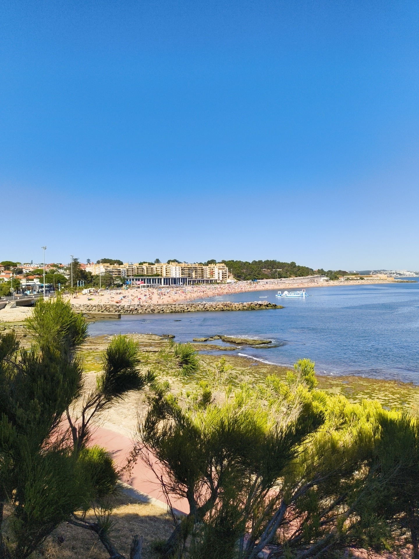 The image captures a panoramic view of a crowded beach in Oeiras, Portugal, on a clear, sunny day. In the foreground, dense green shrubs with thin branches partially obscure the scene, casting shadows on a pinkish-tan sand path below. Beyond the shrubs, a rocky shoreline meets the blue expanse of the ocean. The beach itself is densely populated with numerous sunbathers, umbrellas, and what appears to be a floating inflatable water park in the sea. A long, multi-story building complex, likely hotels or apartments, runs along the coastline behind the beach, punctuated by trees and other smaller buildings. A bridge crosses the water near the left side of the frame, with traffic visible on it. The sky is a vibrant, cloudless blue, completing the picturesque summer scene.