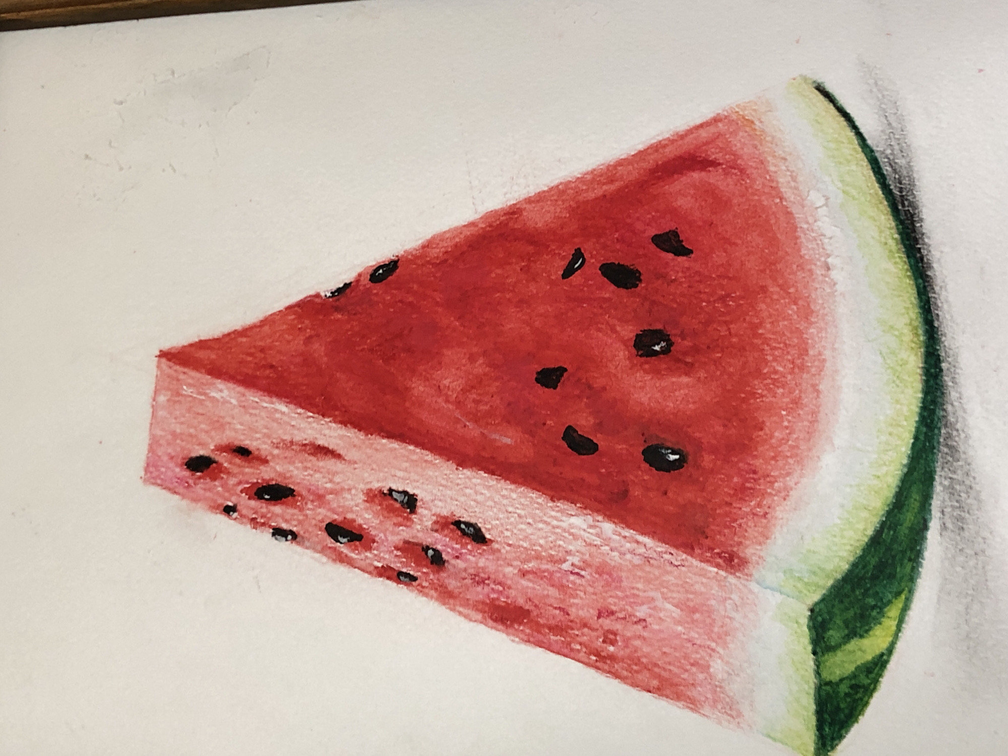 A watercolor painting depicts a triangular slice of watermelon with a white rind, dark seeds, and a textured pink flesh, set against a blank background. The watermelon slice is positioned centrally in the frame, with its curved rind at the bottom and its pointed tip at the top. The colors used are vibrant, with deep red for the flesh, white for the rind, and black for the seeds. The green rind is visible on the left side of the slice. The background is a simple off-white, suggesting a studio or isolated subject study. There are no people or any specific city landmarks visible in the image.