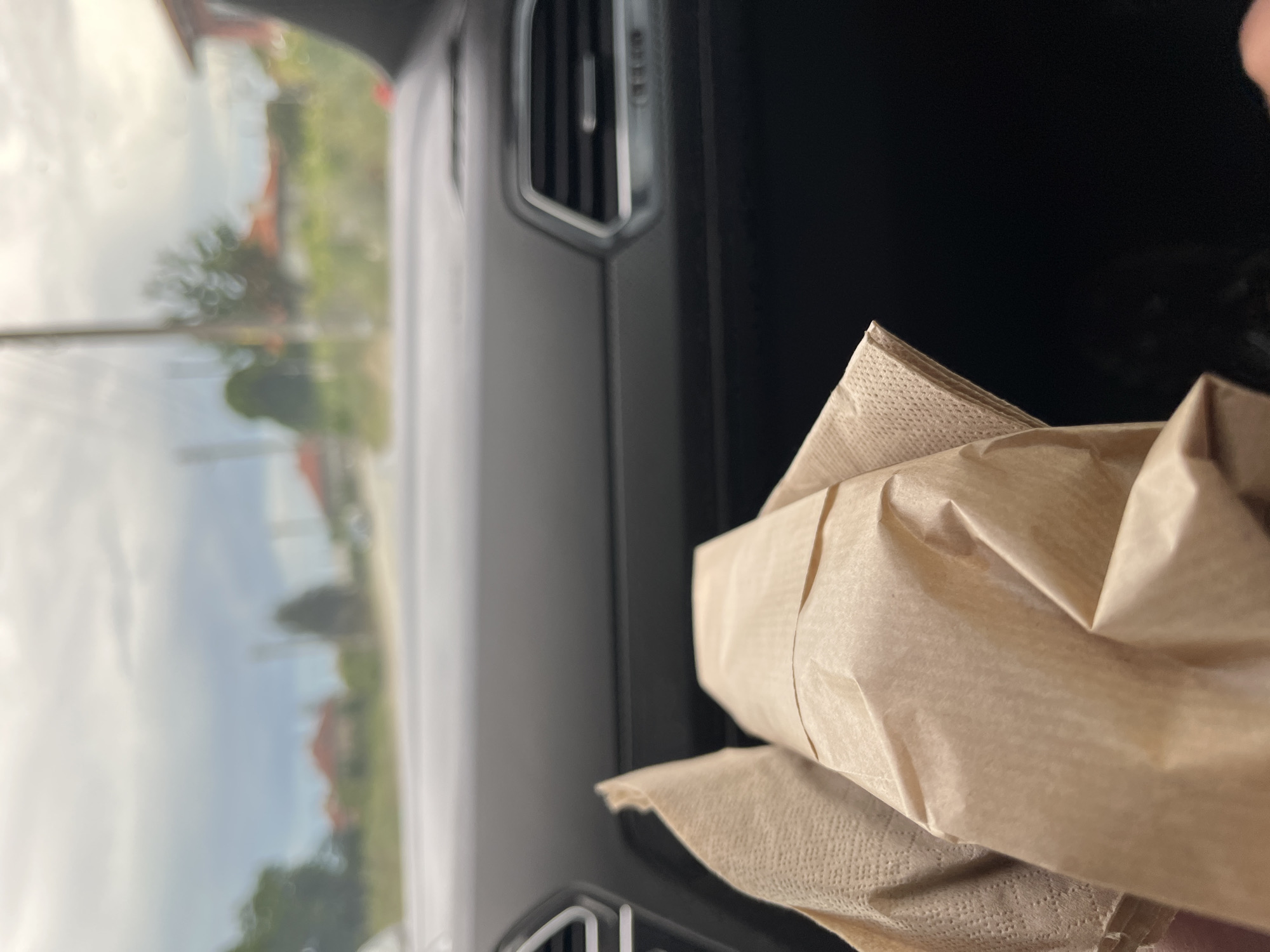 The image is a vertically oriented photograph taken inside a car, likely in Ivailo, Bulgaria. In the foreground, occupying the right side of the frame, is a crumpled brown paper item, possibly a napkin or a small bag, showing distinct creases and a textured surface.
The setting is the interior of a vehicle, with parts of the dark grey or black dashboard visible. A car air vent with a metallic border and slats is prominent in the mid-ground, positioned to the upper-left of the brown paper.
The background outside the car is significantly blurred, indicating either motion or a shallow depth of field. Through the window, an outdoor scene is discernible, featuring green foliage from trees, vague red or orange shapes suggesting distant buildings, and an expansive, light grey, cloudy sky. The blurred highlights in the background exhibit a circular bokeh effect.
There are no people visible in the image, nor is any text present. The scene suggests daytime under an overcast sky. The image captures a static moment from inside a car, with the crumpled paper item hinting at a recent activity such as eating or drinking while traveling.