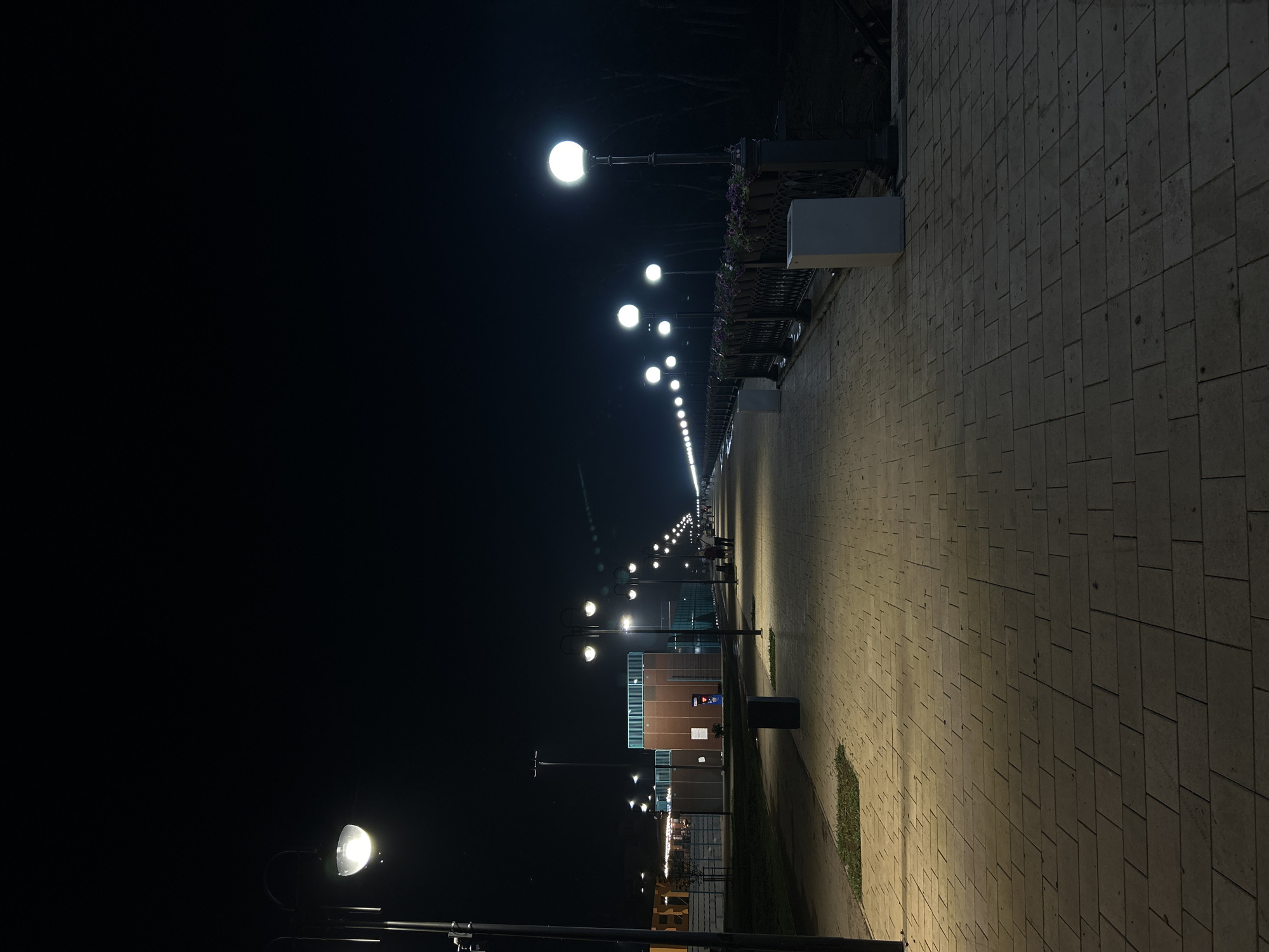The image depicts an outdoor scene at night, likely a pedestrian promenade or esplanade, illuminated by streetlights. The path, paved with rectangular stones, stretches into the distance, lined on the right by a decorative railing with planters containing flowers. On the left side of the path, there is a grassy area and a few modern structures, including buildings with illuminated windows. Several people are visible in the distance, walking along the path. The sky is dark, indicating nighttime. The presence of streetlights suggests an urban environment. This scene is located on the Orenburg embankment, as identified by its characteristic lampposts, railing, and overall layout which matches known images of the location.