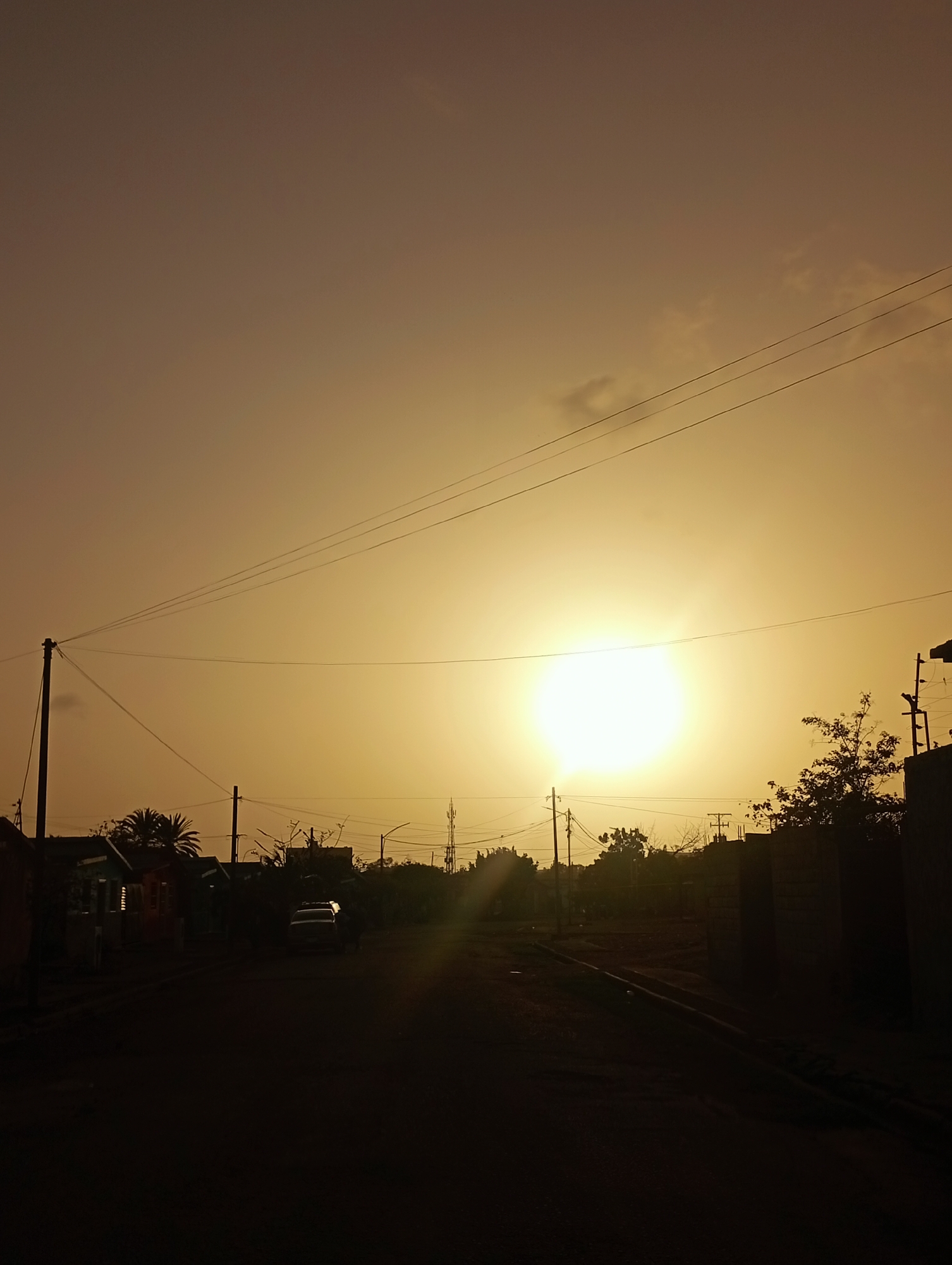 The image captures a vibrant sunset or sunrise over a residential street in what appears to be Juan Griego, Venezuela. The dominant feature is the bright, intense sun, positioned centrally in the upper half of the frame, bathing the sky in warm golden and orange hues. The sun's strong light creates a significant lens flare effect.
The foreground and midground are largely silhouetted against this bright sky. Numerous power lines stretch across the sky, connected to utility poles visible on both sides of the street. On the left, several houses with distinct rooflines and some palm trees are silhouetted, suggesting a modest neighborhood. A car is parked on the street, also in silhouette, and a very faint human figure might be visible near it on the left side. The road itself appears to be unpaved or dusty, leading into the distance. On the right, a large wall and dense foliage, including trees and bushes, form another dark silhouette. A communications tower or similar structure is faintly visible in the distance on the right, above the treeline.
The overall atmosphere is one of serene beauty, with the dramatic natural light contrasting sharply with the shadowed landscape. There is no visible text in the image. The tropical vegetation, power infrastructure, and residential structures are consistent with the provided location context.