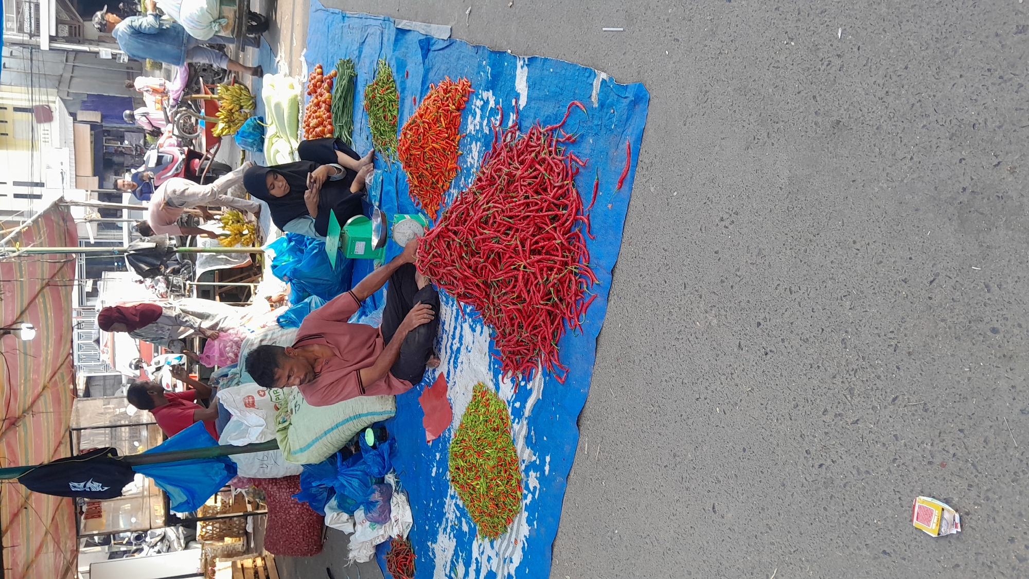 The scene depicts an active outdoor market in Lhokseumawe, Indonesia, captured from a slightly elevated perspective. In the immediate foreground, a weathered asphalt road is visible, with a small, crumpled yellow and red package lying on its surface to the bottom left. Dominating the lower and mid-ground is a blue tarpaulin spread directly on the asphalt, serving as a display area for various produce.
Two individuals are seated barefoot on this blue tarpaulin. To the left, a male wearing a reddish-brown short-sleeved polo shirt and dark pants is seated cross-legged, looking towards the left side of the frame. To his right, a female wearing a black hijab, a light-colored long-sleeved top, and black pants is also seated cross-legged, engrossed in a mobile phone held with both hands. A green mechanical weighing scale with a silver bowl rests beside her.
Arranged on the tarpaulin are multiple piles of fresh chilies: a large, conical pile of vibrant red chilies centrally located in front of the seated male; a smaller pile of mixed red and green chilies to his left; and another pile of mixed red and green chilies further back to the right. Other produce items include a pile of red tomatoes or similar small round red vegetables, a bundle of green elongated vegetables (possibly beans), and several large green gourds or squash. Several white sacks, some partially visible with text, and multiple blue plastic bags containing goods are also on the tarp or immediately adjacent to it.
Behind the two seated vendors, the market structure is partially visible under a striped awning, primarily red and light-colored. A blue pole supports a section of this awning, from which a black item, possibly a jacket or bag, hangs. Several other individuals are present within the market: a male in a red shirt is seated behind the left vendor, seemingly engaged in conversation. A female in a patterned hijab stands to his right, holding a pink plastic bag. Further back, a male in a light-colored shirt bends over a large display of yellow bananas. To the far right, a male in a denim jacket and light pants is seen pushing or pulling a cart loaded with white sacks.
The background reveals a street scene with urban buildings, some multi-story, and several motorcycles (scooters) parked or in motion, including red and white models. A white van is also visible further back. The overall lighting suggests a clear daytime setting.